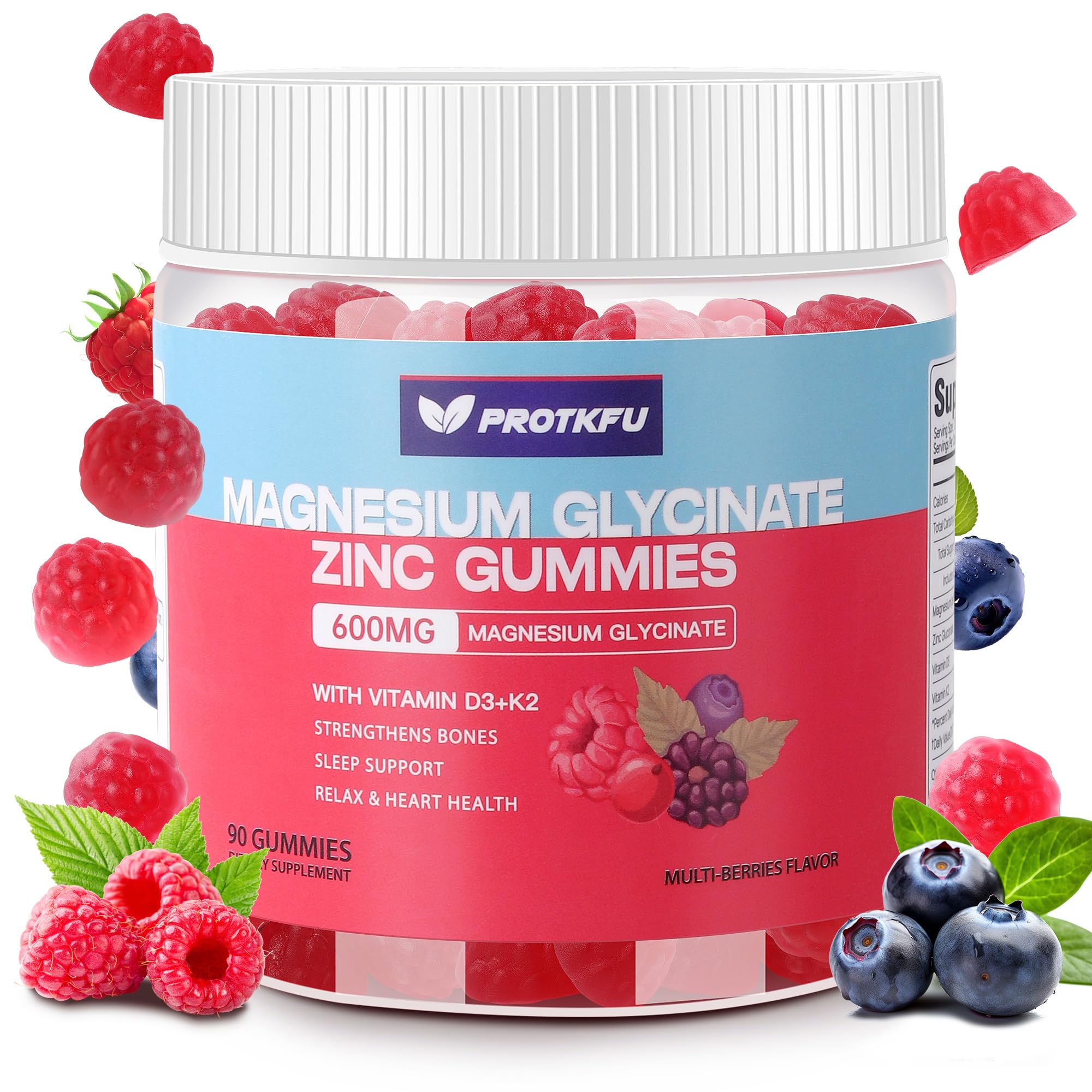 90 CT Magnesium Glycinate Gummies 600mg, Sugar Free Magnesium Gummies w/Zinc & Vitamin D3 & K2 - Magnesium Supplements for Sleep, Supports Bone Health, Nerve & Immune Function ProTKFU uk supplements