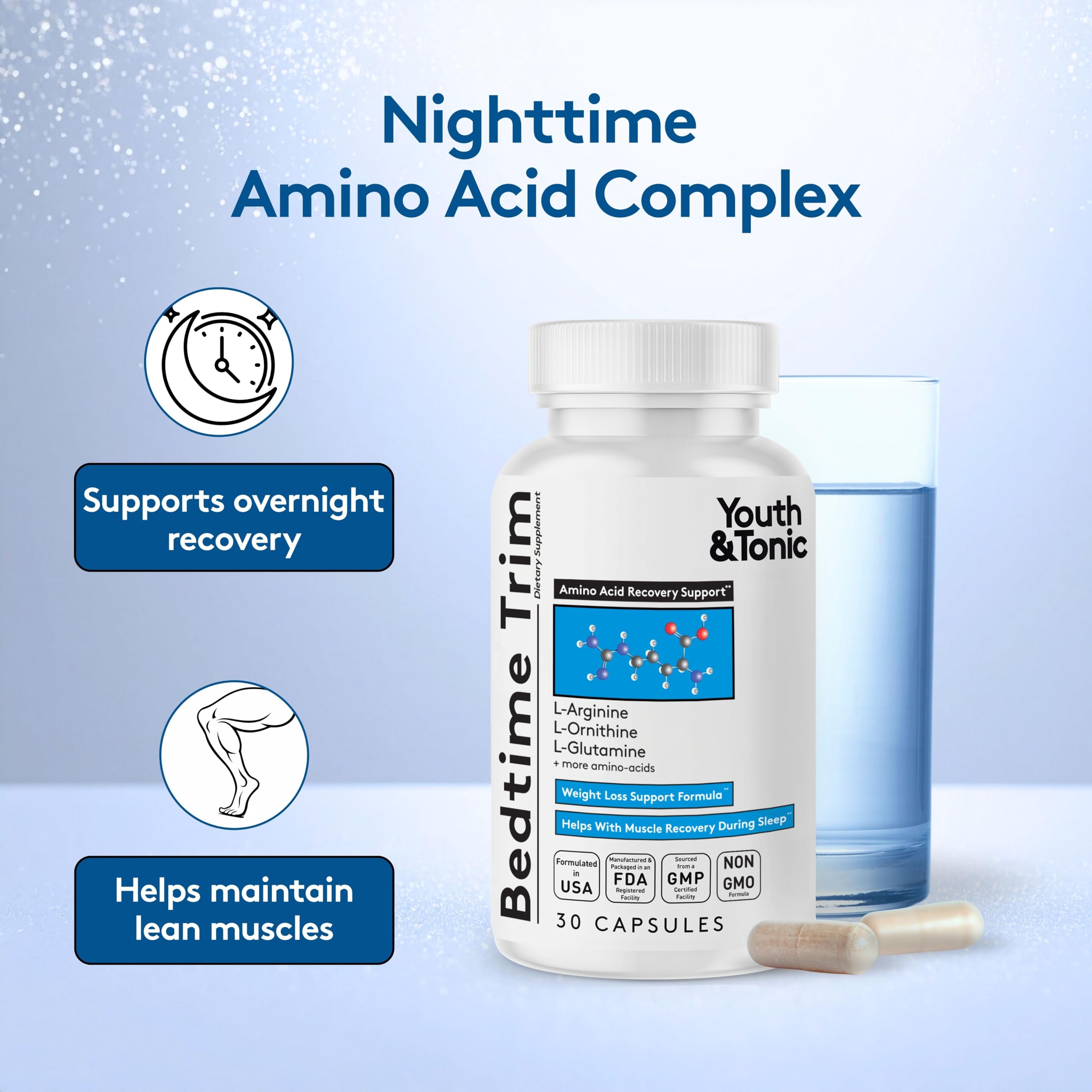 Youth & Tonic PM Bedtime Trim for Lean Appearance & Muscle Definition Support – Nighttime Amino Acids Supplement for Overnight Recovery, Men & Women, 30 Capsules Youth & Tonic uk supplements