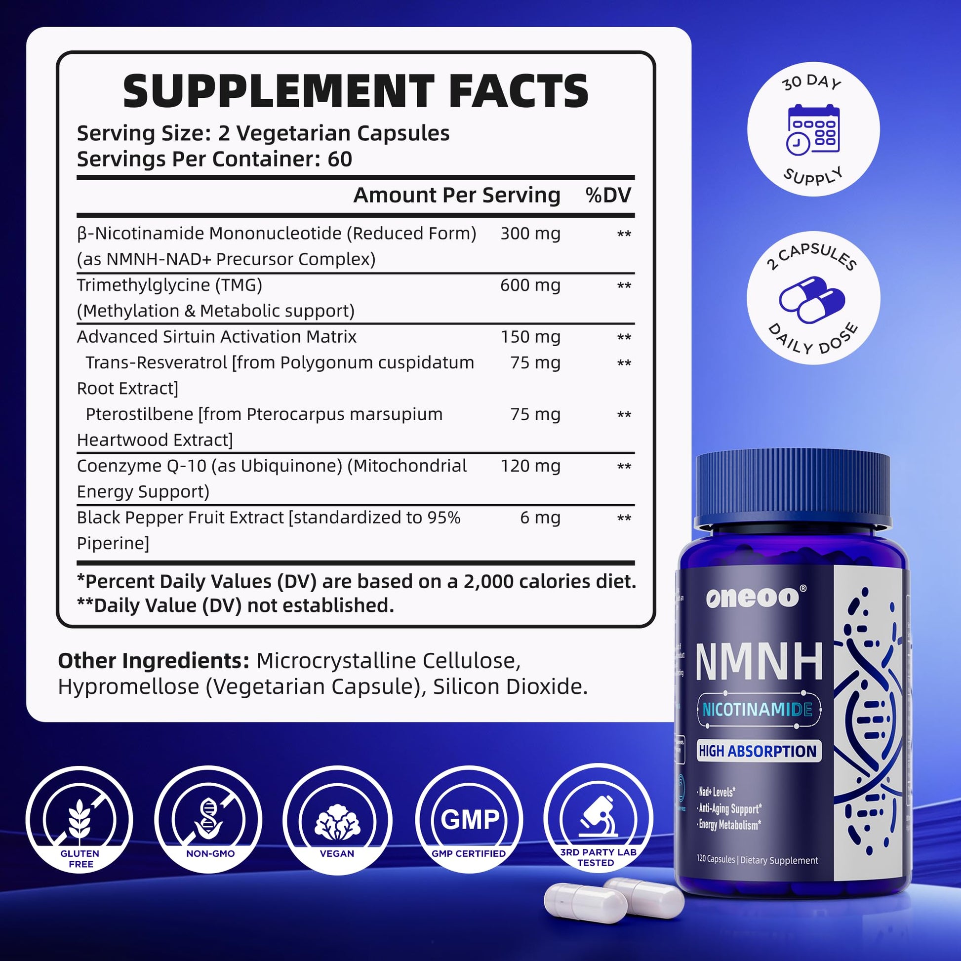 Oneoo NMNH Supplement with NAD Supplement Maximum Potency with Resveratrol & Pterostilbene, CoQ10 & Black Pepper, for Cellular Energy, Anti-Aging Support, Sirtuin Activation & Methylation Support, 120 Oneoo uk supplements
