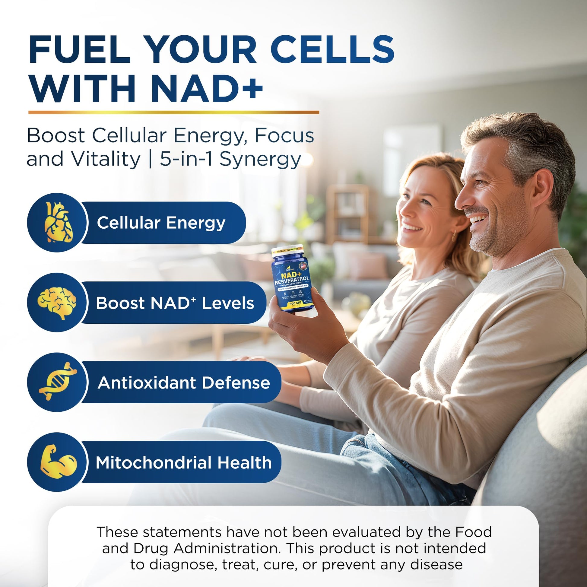 Anyglory NAD+ Supplement with 500mg NR, Resveratrol, CoQ10, PQQ- 5-in-1 NAD Formula |NMN Supplement Alternative|NAD Resveratrol Support Cellular Energy & Healthy Aging-Made in USA-60 Capsules Anyglory uk supplements