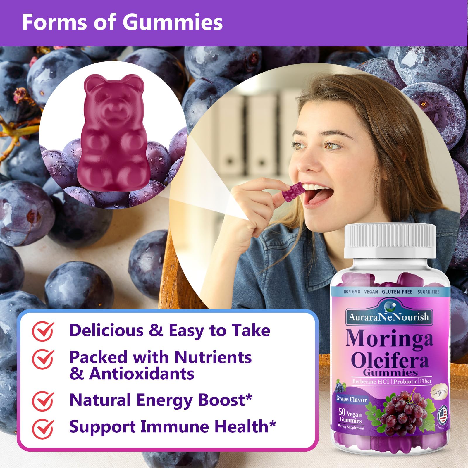 AuraraNeNourish Organic Moringa Oleifera Gummies for Women & Men, 8-in-1 Superfood Blend w. Berberine HCl & Moringa Leaf Extract for GLP-1 Support & Energy Immune Joint & Gut Health Sugar-Free AuraraNeNourish uk supplements