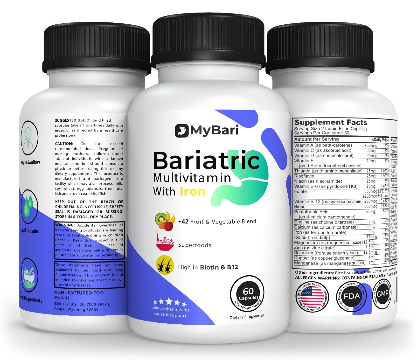 MyBari All-in-One Bariatric Multivitamin with Iron - Made in USA - for Men & Women - Supports Gastric Sleeve & Bypass with 42+ Fruit & Veggie Blend - 60 Liquid Capsules MyBari uk supplements