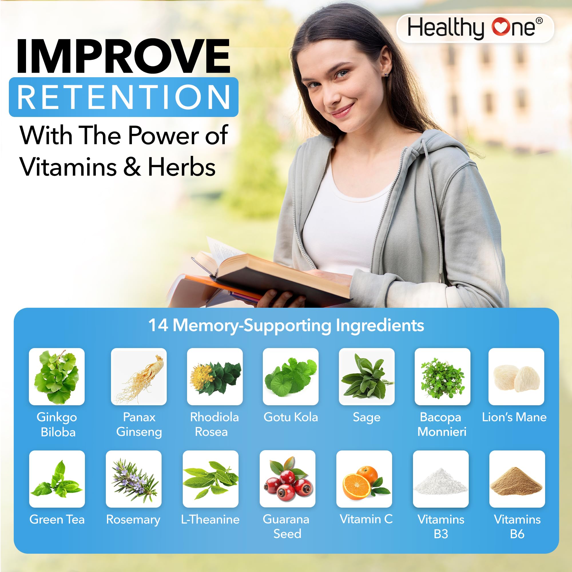 Healthy Mind - Safe for Teens - Brain Fog - Cognitive Function - Concentration - Focus - Neural Optimization - Mood - Ginkgo Biloba - Ginseng - Rhodiola - Bacopa - Gotu Kola - Green Tea - 60 Count Healthy One uk supplements