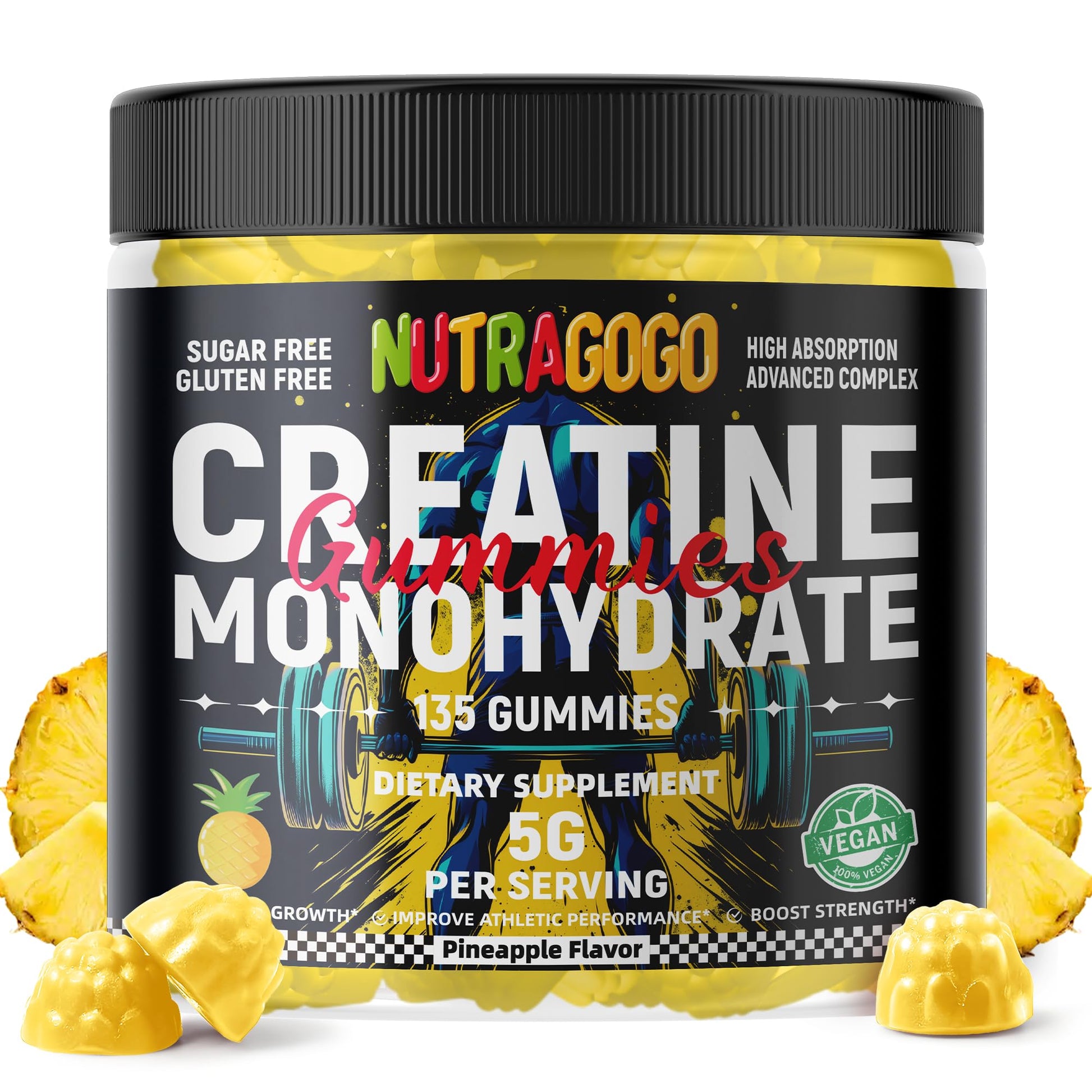 NUTRAGOGO NSF Certified Creatine Gummy - Creatine Monohydrate Gummies for Men & Women-5g of Creatine Monohydrate per Serving - Sugar Free,Vegan, Pineapple Electrolyte Chews, 135 Count NUTRAGOGO uk supplements