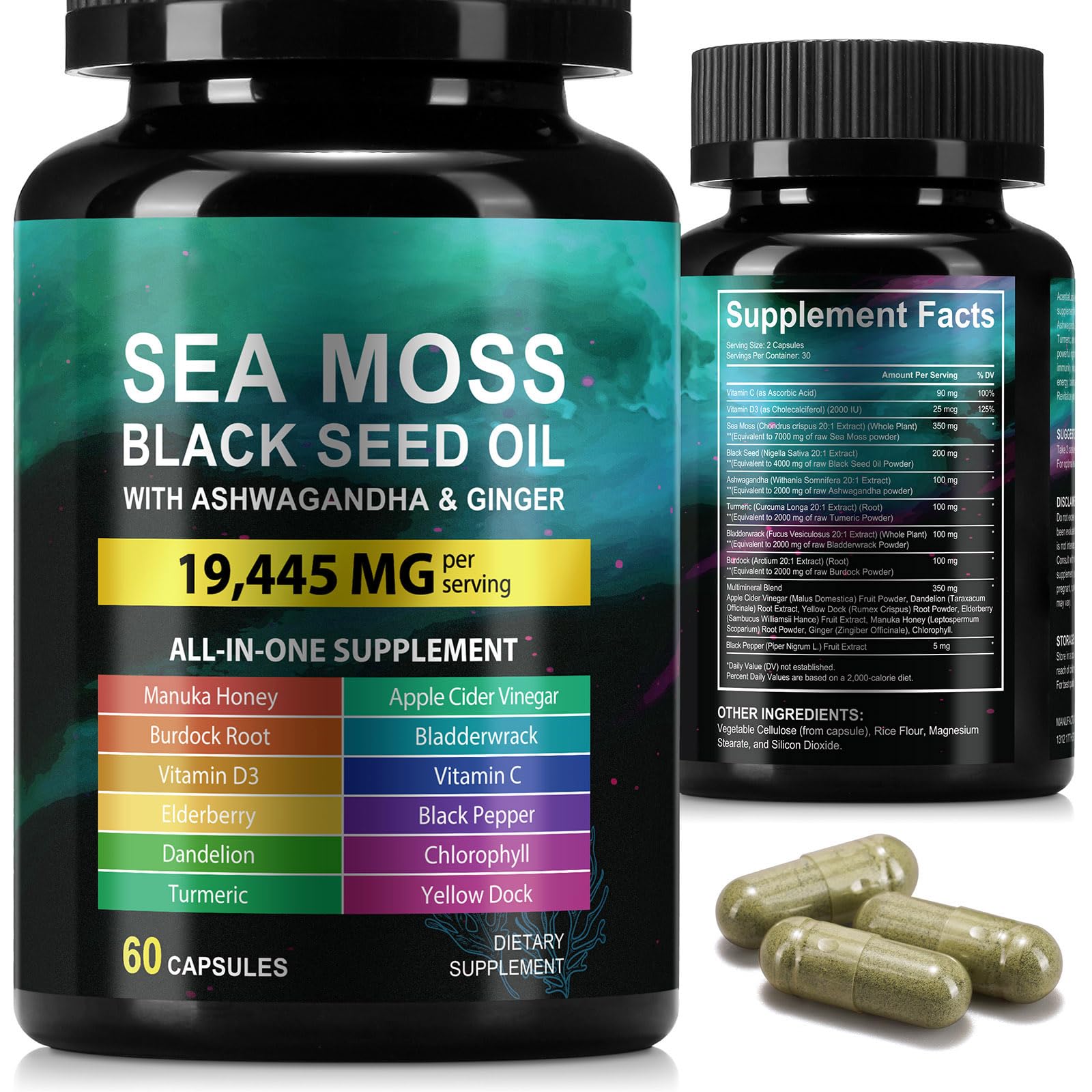 Sea Moss Black Seed Oil Ashwagandha Ginger Capsules, Seamoss Capsules Supplement with Bladderwrack Burdock & Vitamin C Vitamin D3 for Women & Men-Enhanced Immunity,60 Counts Vceeoy uk supplements