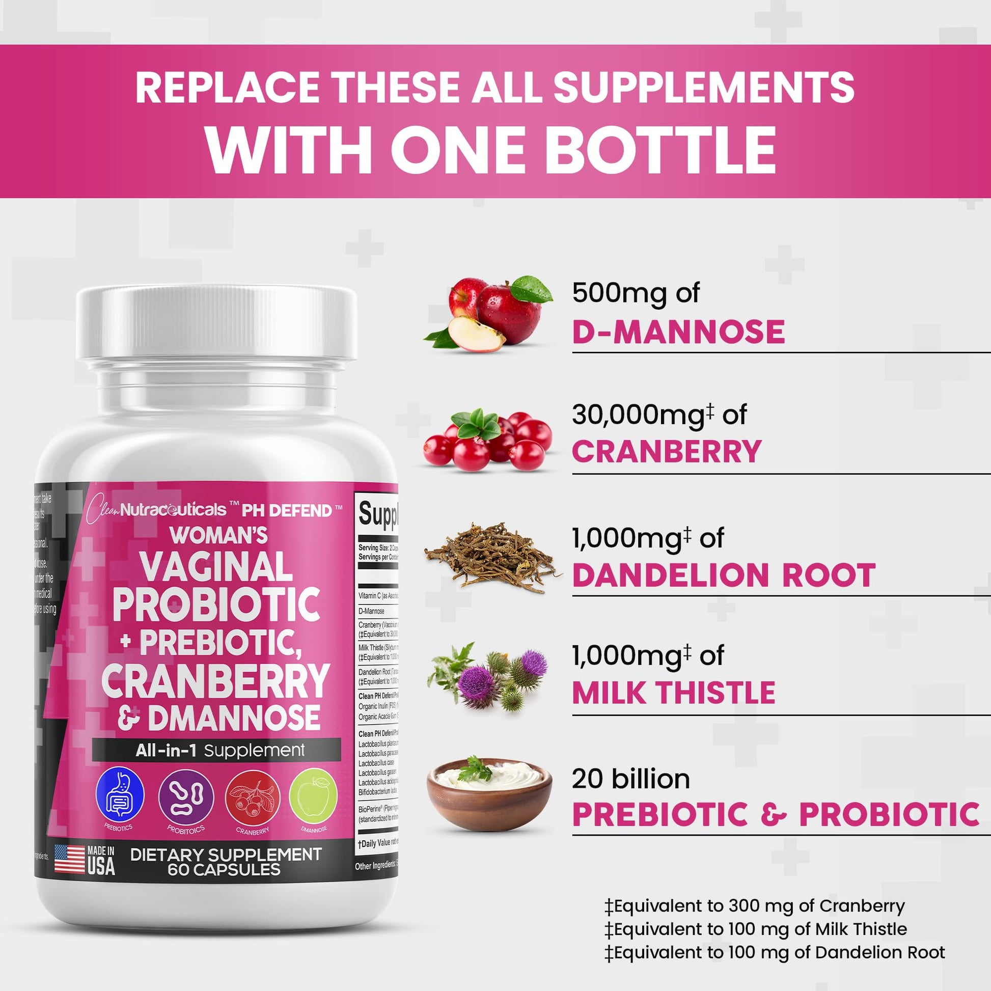 Vaginal Probiotics For Women + Prebiotics 20 Billion Cranberry Pills 30,000mg w/ D-Manno Clean Nutraceuticals uk supplements