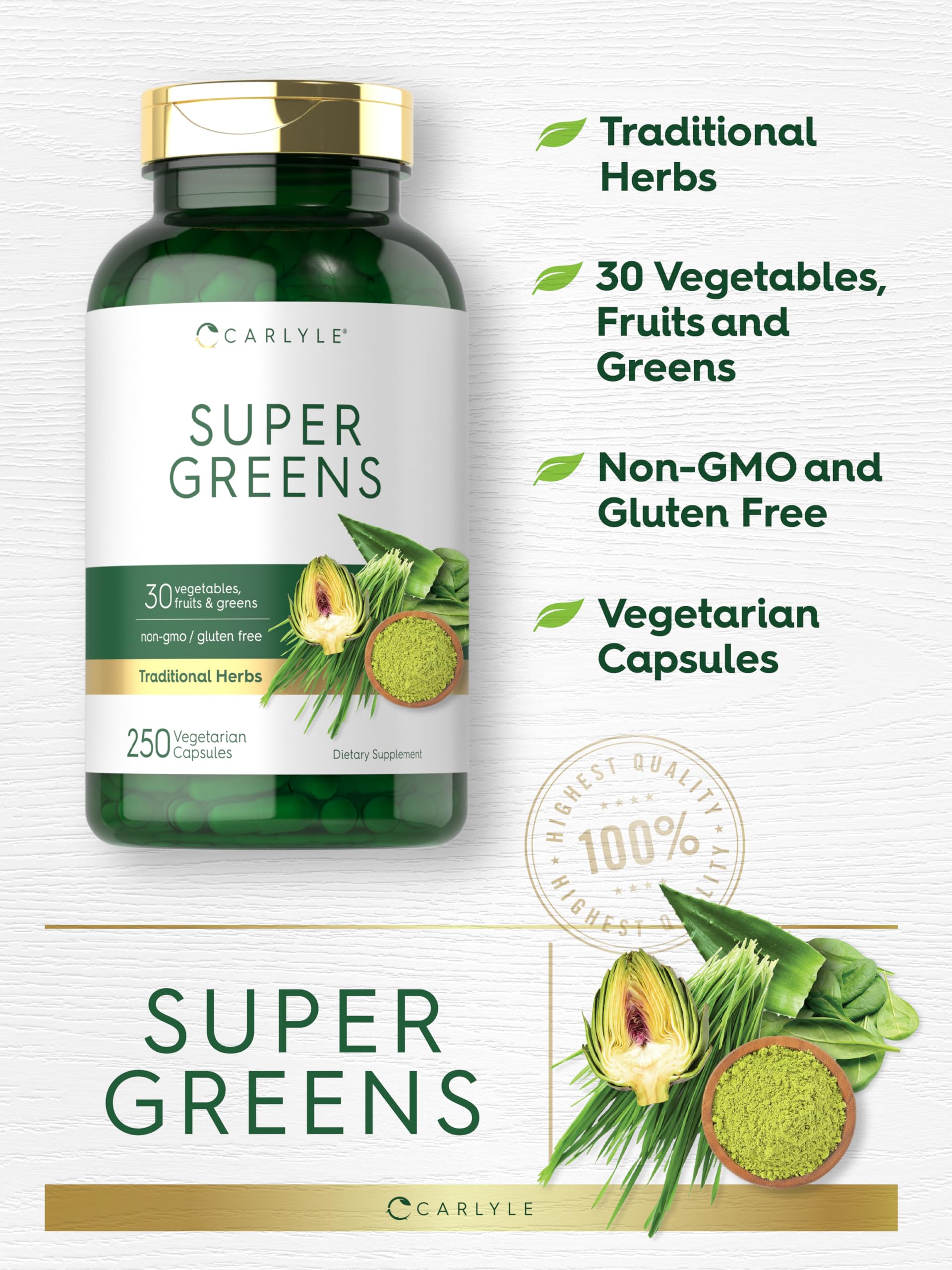 Carlyle Super Greens Capsules | 250 Count | Blend of 13 Vegetables and Greens Plus 17 Fruits | Non-GMO & Gluten Free Supplement Carlyle uk supplements