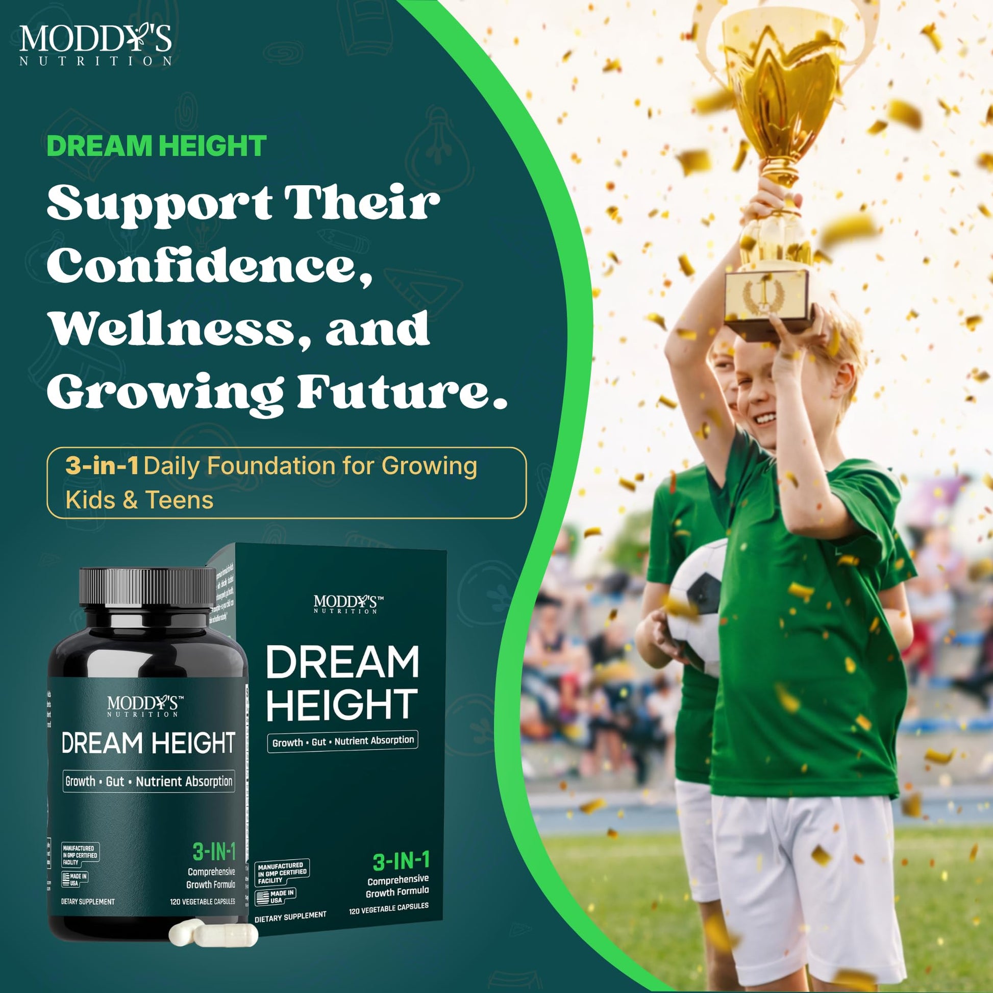 Moddy's Nutrition DreamHeight Growth Supplement for Kids & Teens, Bone, Immune & Sleep Support, Clinically Studied Formula, 120 Small Easy-to-Swallow Capsules Moddy's Nutrition uk supplements