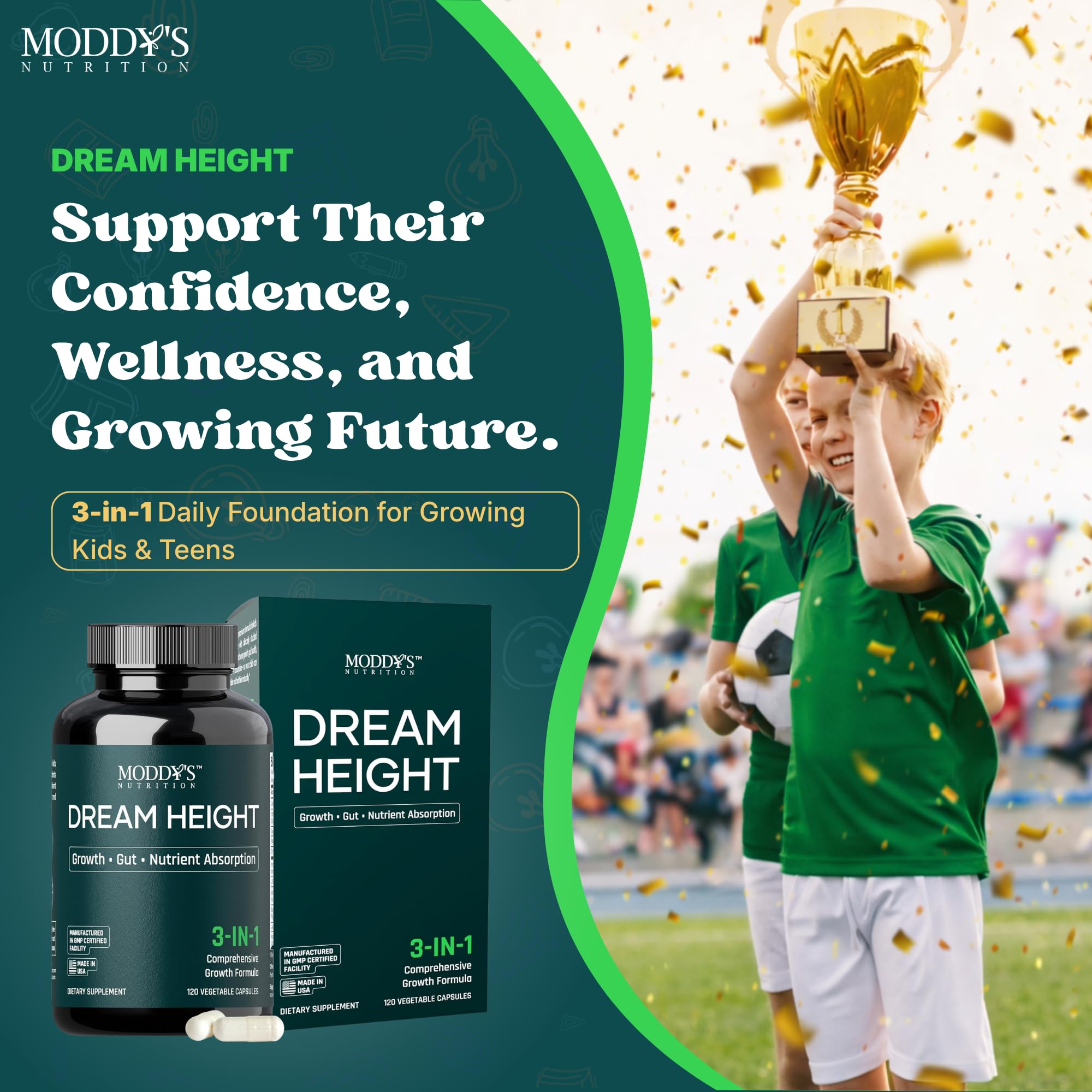 Moddy's Nutrition DreamHeight Growth Supplement for Kids & Teens, Bone, Immune & Sleep Support, Clinically Studied Formula, 120 Small Easy-to-Swallow Capsules Moddy's Nutrition uk supplements