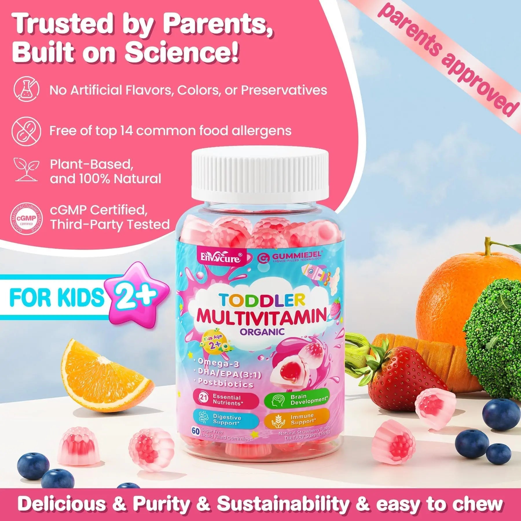 Organic Toddler Multivitamin Gummies + Omega-3 (DHA/EPA), Postbiotics | kids 2+ multivitamin | Vitamins A C D3 Methyl B12 Folate Zinc EnvyCure uk supplements
