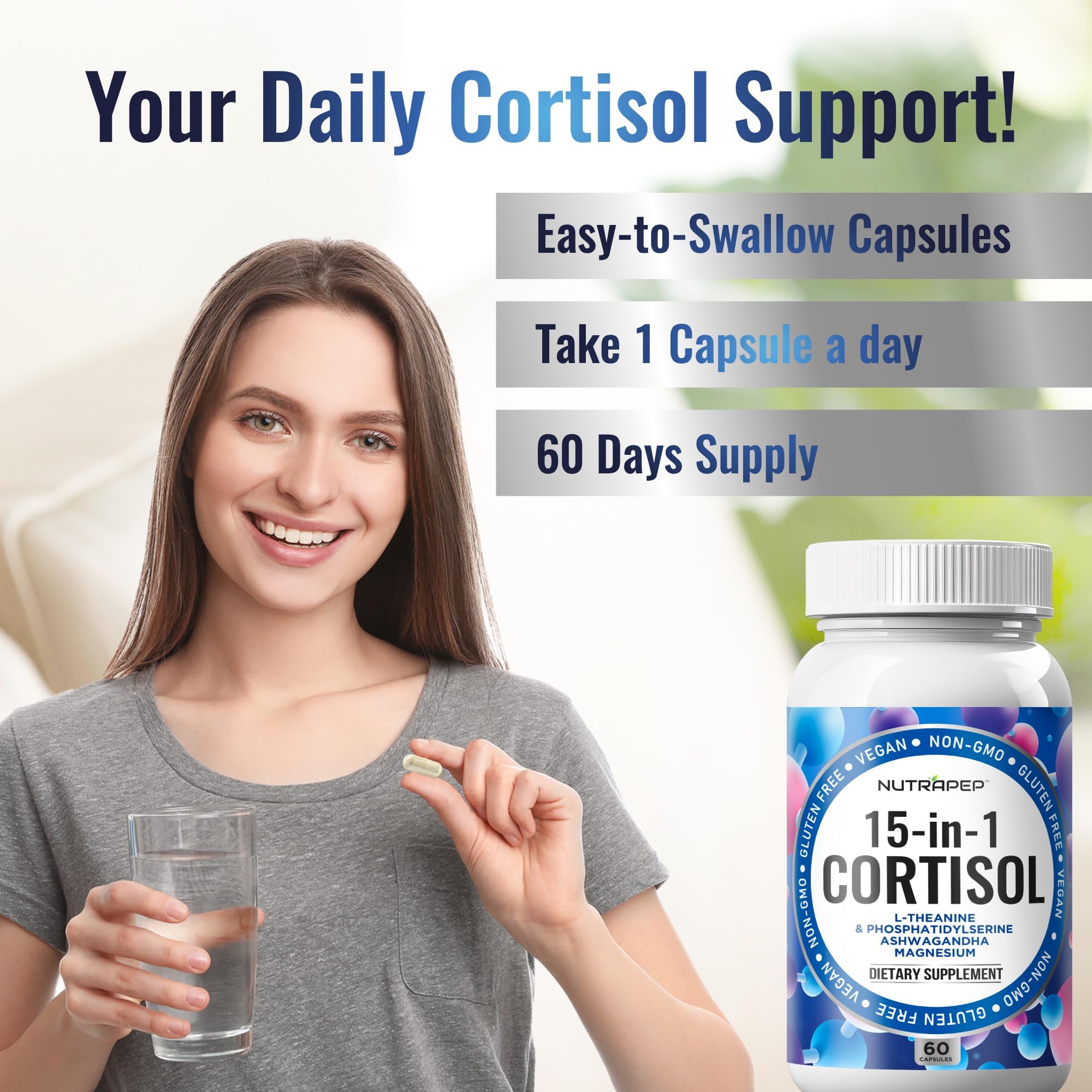 NutraPep Cortisol Detox Supplement Men Women - Reduce Lower Cortisol High Cortisol Reducer Blocker Control - Supports Stress Mood Rest Adrenal Calm Relax with Ashwagandha L-Theanine Magnesium NutraPep uk supplements