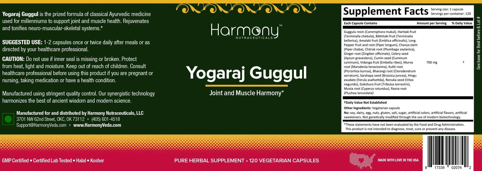 Harmony Nutraceuticals Yogaraj Guggulu - Organic - 120 Capsules - Ayurvedic Herbs for Pain in The Muscles, Nerves & Joints Harmony Nutraceuticals uk supplements