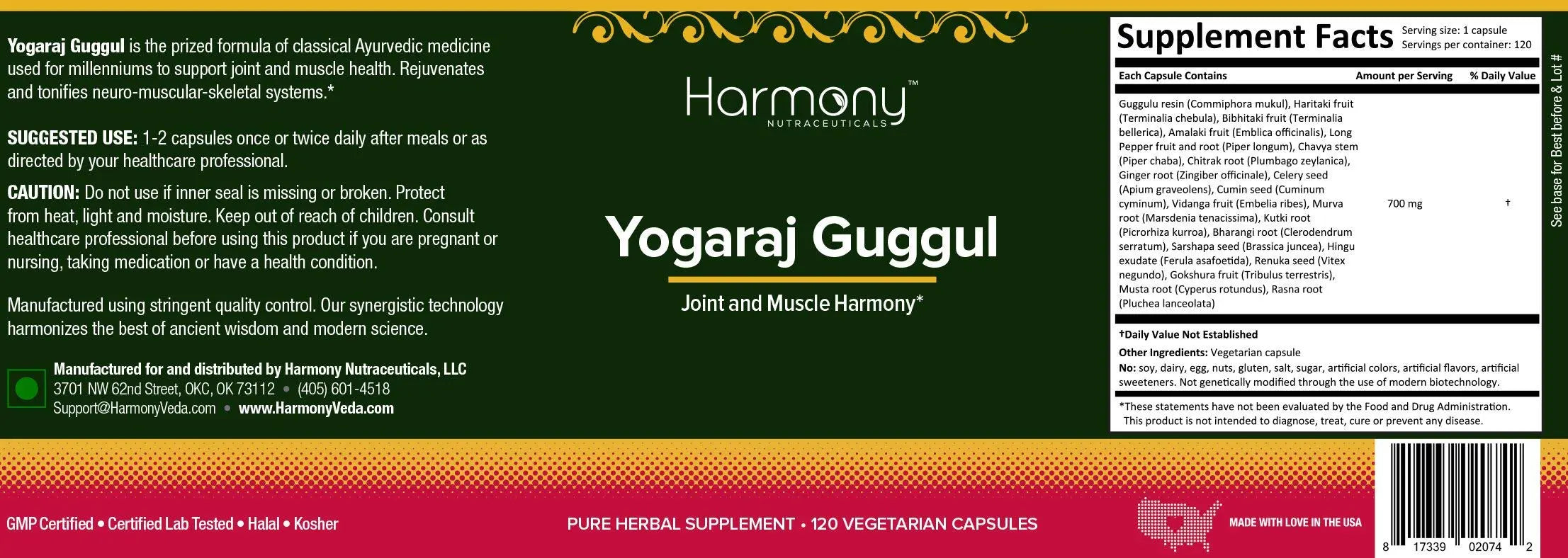 Harmony Nutraceuticals Yogaraj Guggulu - Organic - 120 Capsules - Ayurvedic Herbs for Pain in The Muscles, Nerves & Joints Harmony Nutraceuticals uk supplements