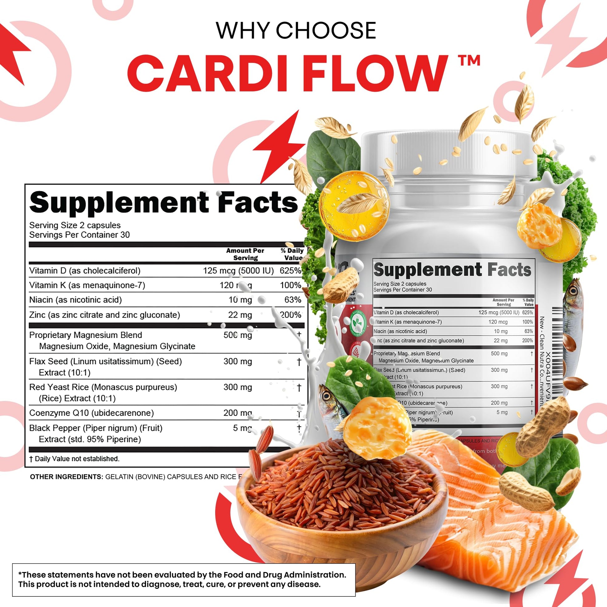 Clean Nutra CoQ10 Red Yeast Rice Magnesium Glycinate Vitamin K2 D3 Niacin Zinc Flax Seed Omega 3 Capsules 60 Count All in One Formula Premium Ingredients Dietary Supplement Clean Nutraceuticals uk supplements