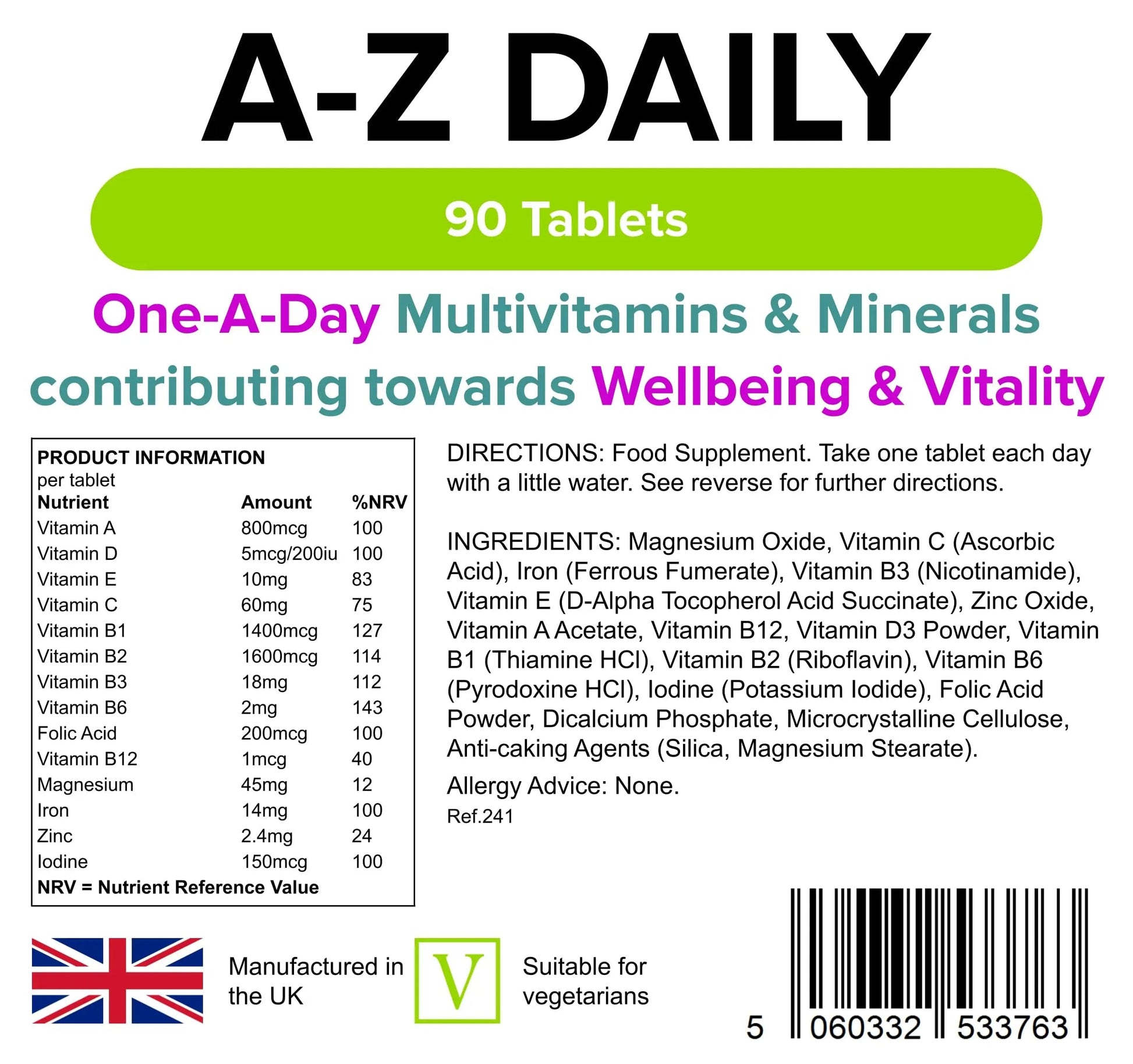 Multivitamin A-Z Daily Tablets 90 Tablets by Lindens Lindens uk supplements