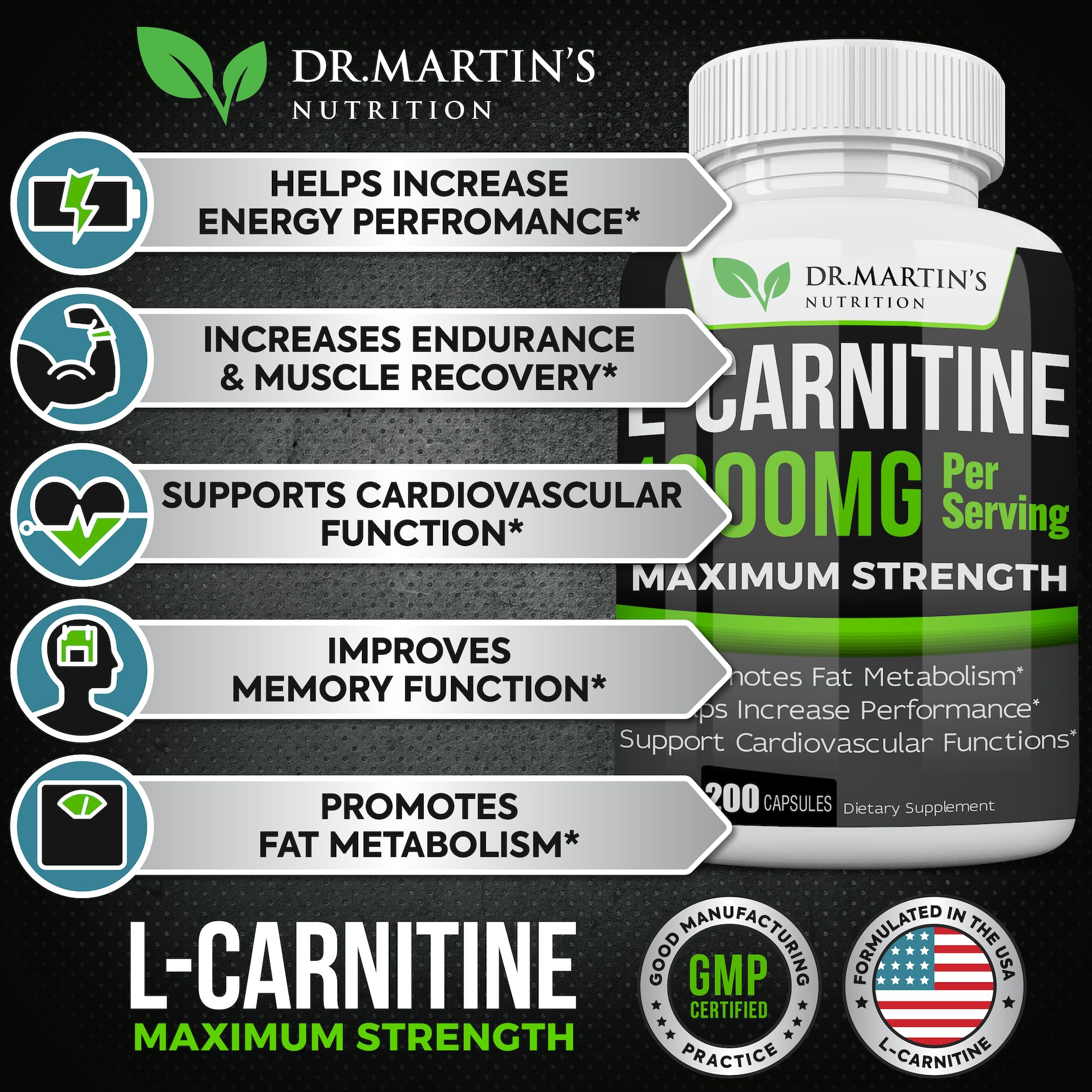 DR. MARTIN'S NUTRITION Extra Strength L-Carnitine - 200 Capsules - 1000mg Per Serving - Boost Your Metabolism and Increase Performance DR. MARTIN'S NUTRITION uk supplements