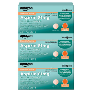 Amazon Basic Care Aspirin 81 mg Pain Reliever (NSAID) Chewable Tablets, Low Dose , Orange Flavor, 36 Count (Pack of 3) Amazon Basic Care uk supplements