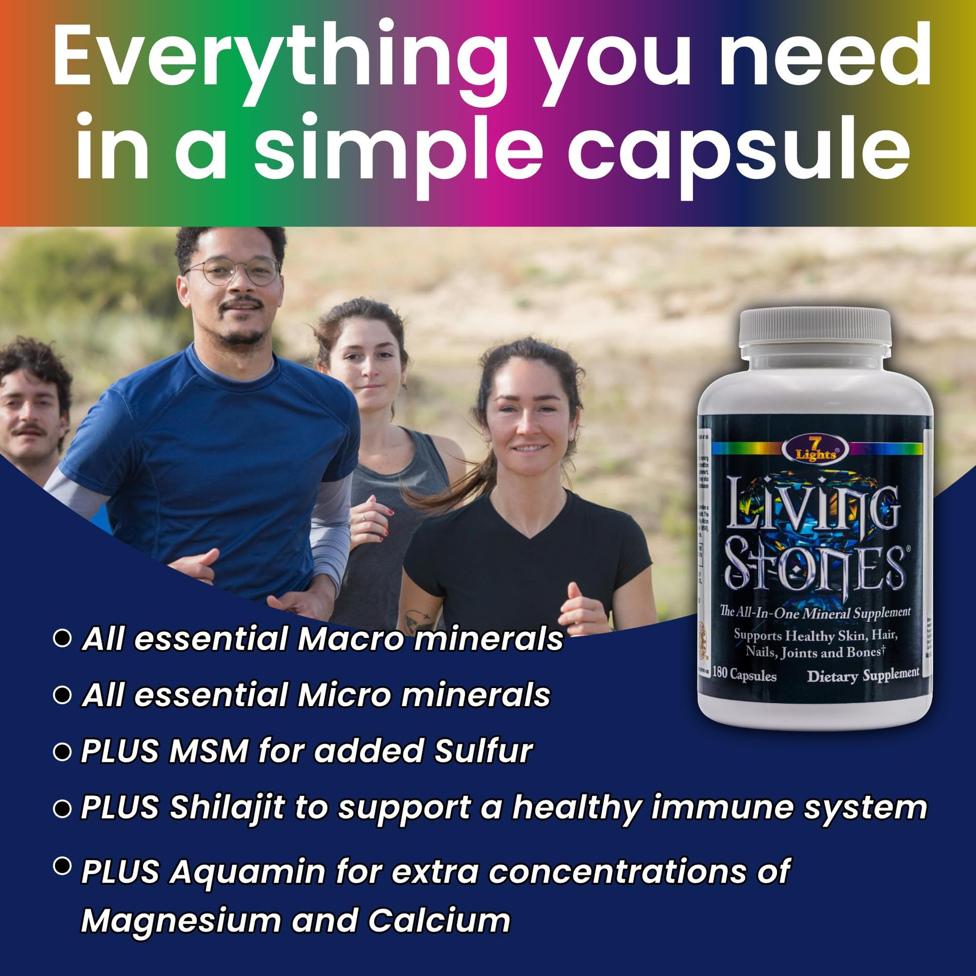 Living Stones, Complete Mineral Supplement with Zinc, Calcium, Magnesium, Selenium, Trace Minerals, No Added Iron, with MSM (Organic Sulfur) and Shilajit, Premium Absorption (30-Day Supply - 180 Caps) 7 Lights uk supplements