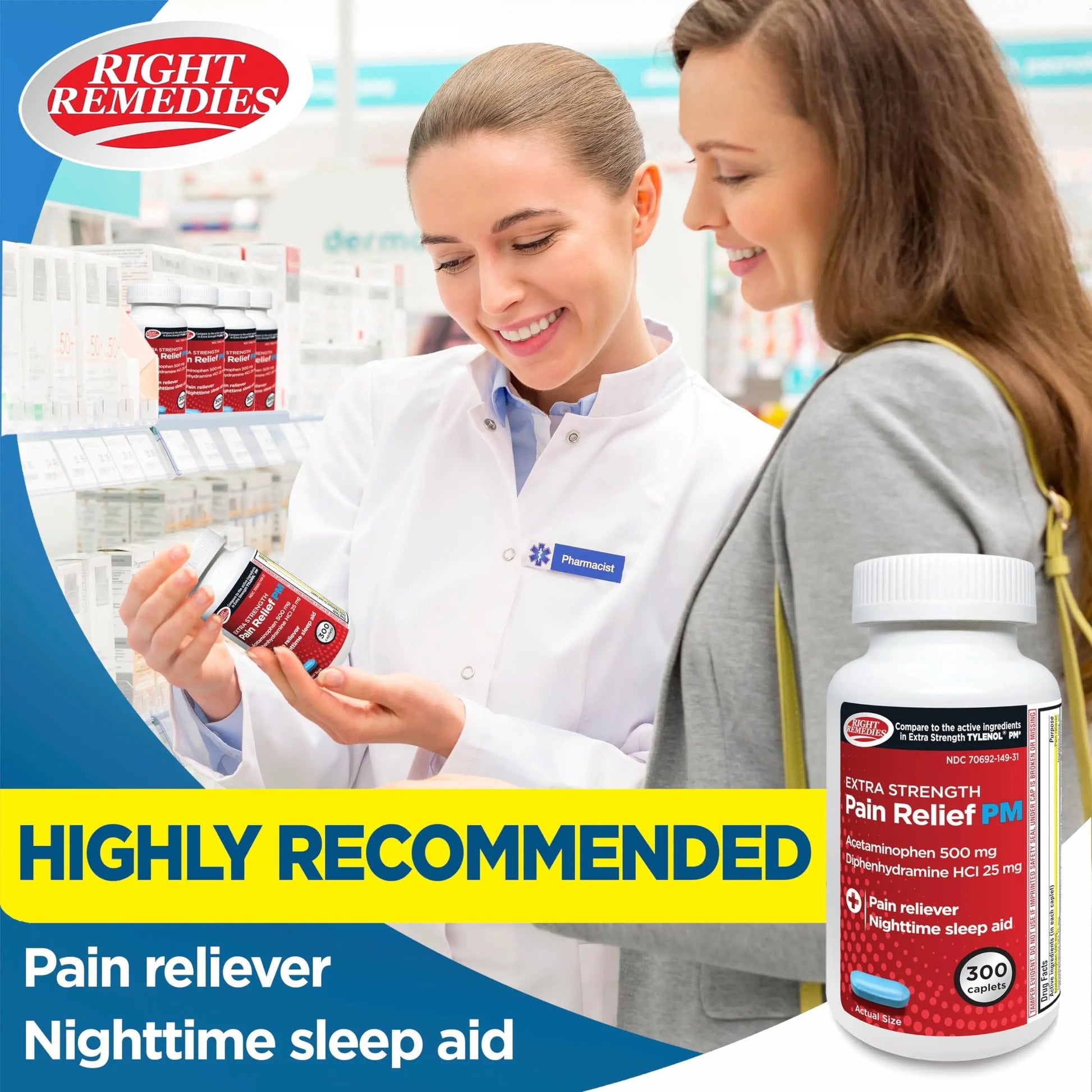 Right Remedies Extra Strength Pain Relief PM & Nighttime Sleep Aid Caplets,(300 count), Acetaminophen 500 mg & Diphenhydramine HCl 25 mg, Non-Habit Forming, Compare to Active ingredients of Tylenol PM RIGHT REMEDIES uk supplements