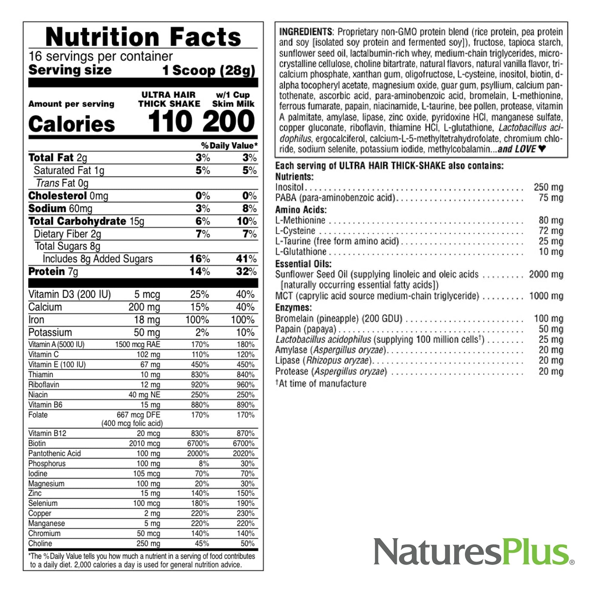 NaturesPlus Ultra Hair Thick Shake - 1 lb - French Vanilla Flavor - Hair Protein Powder for Healthy Growth - With Biotin & Amino Acids - Non-GMO, Gluten-Free - 16 Servings NaturesPlus uk supplements