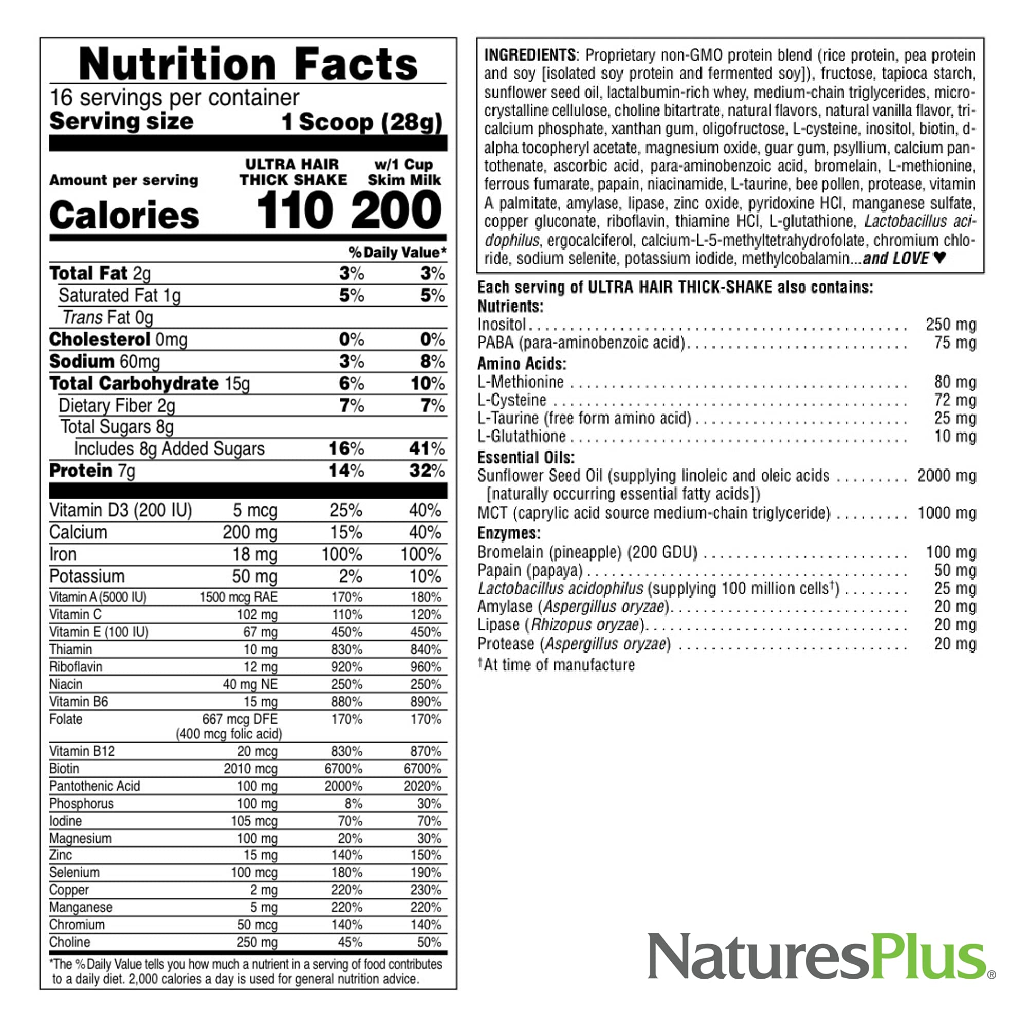 NaturesPlus Ultra Hair Thick Shake - 1 lb - French Vanilla Flavor - Hair Protein Powder for Healthy Growth - With Biotin & Amino Acids - Non-GMO, Gluten-Free - 16 Servings NaturesPlus uk supplements