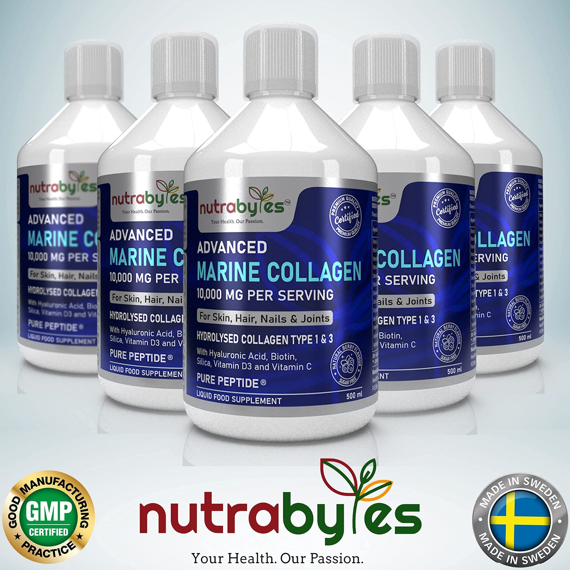 Marine Collagen Liquid 10000mg Sugar Free, Hydrolysed Peptides | Hyaluronic Acid, Biotin, Silica, Vitamin C, Vitamin D3 NUTRABYTES uk supplements