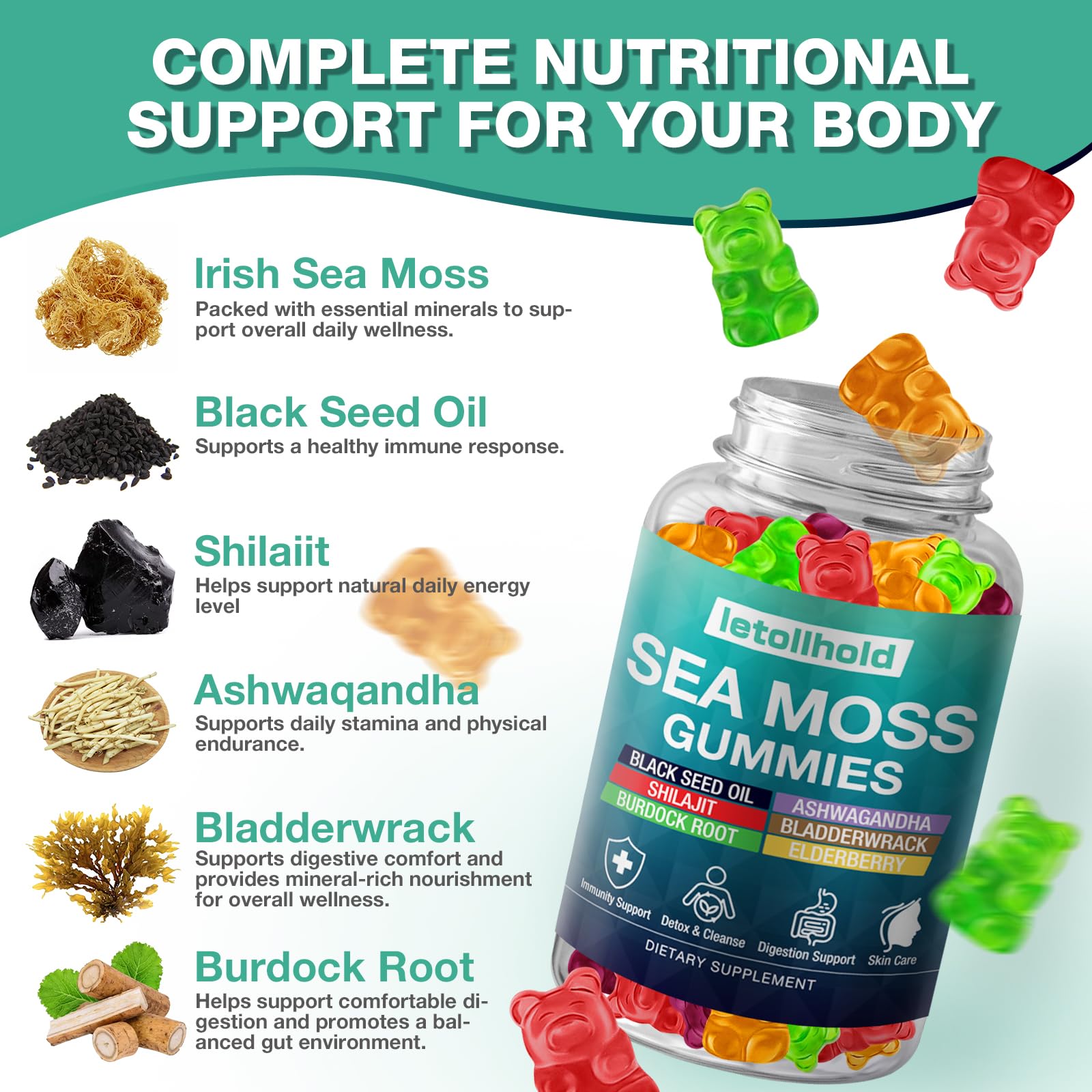 Sea Moss Gummies - Irish Sea Moss Gummies Advanced for Adults with Ashwagandha Bladderwrack & Burdock Root for Supports Immune，Energy - 60 Vegan Gummy,2PCS letollhold uk supplements