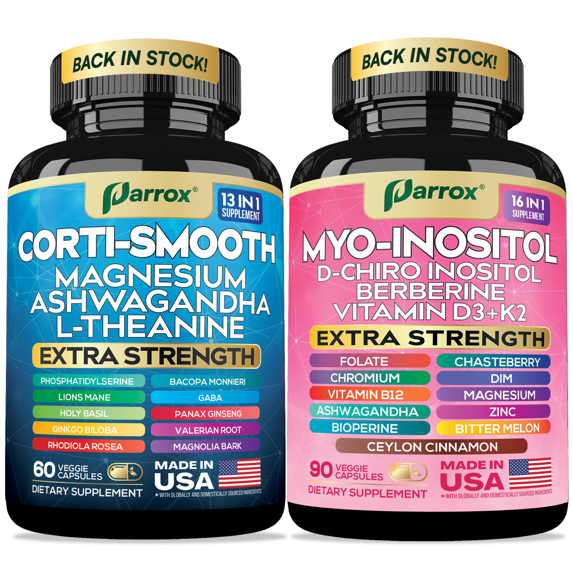 Parrox Cortisol & Myo-Inositol Supplement Bundle, Soothe & Smooth Bundle, 13-in-1 Cortisol Balance, Magnesium, Ashwagandha, L-Theanine, D-Chiro Inositol, Folate, Berberine, Chasteberry (150 Capsules) Parrox uk supplements