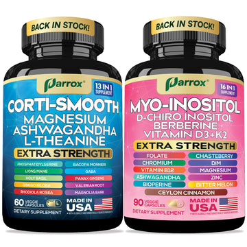 Parrox Cortisol & Myo-Inositol Supplement Bundle, Soothe & Smooth Bundle, 13-in-1 Cortisol Balance, Magnesium, Ashwagandha, L-Theanine, D-Chiro Inositol, Folate, Berberine, Chasteberry (150 Capsules) Parrox uk supplements