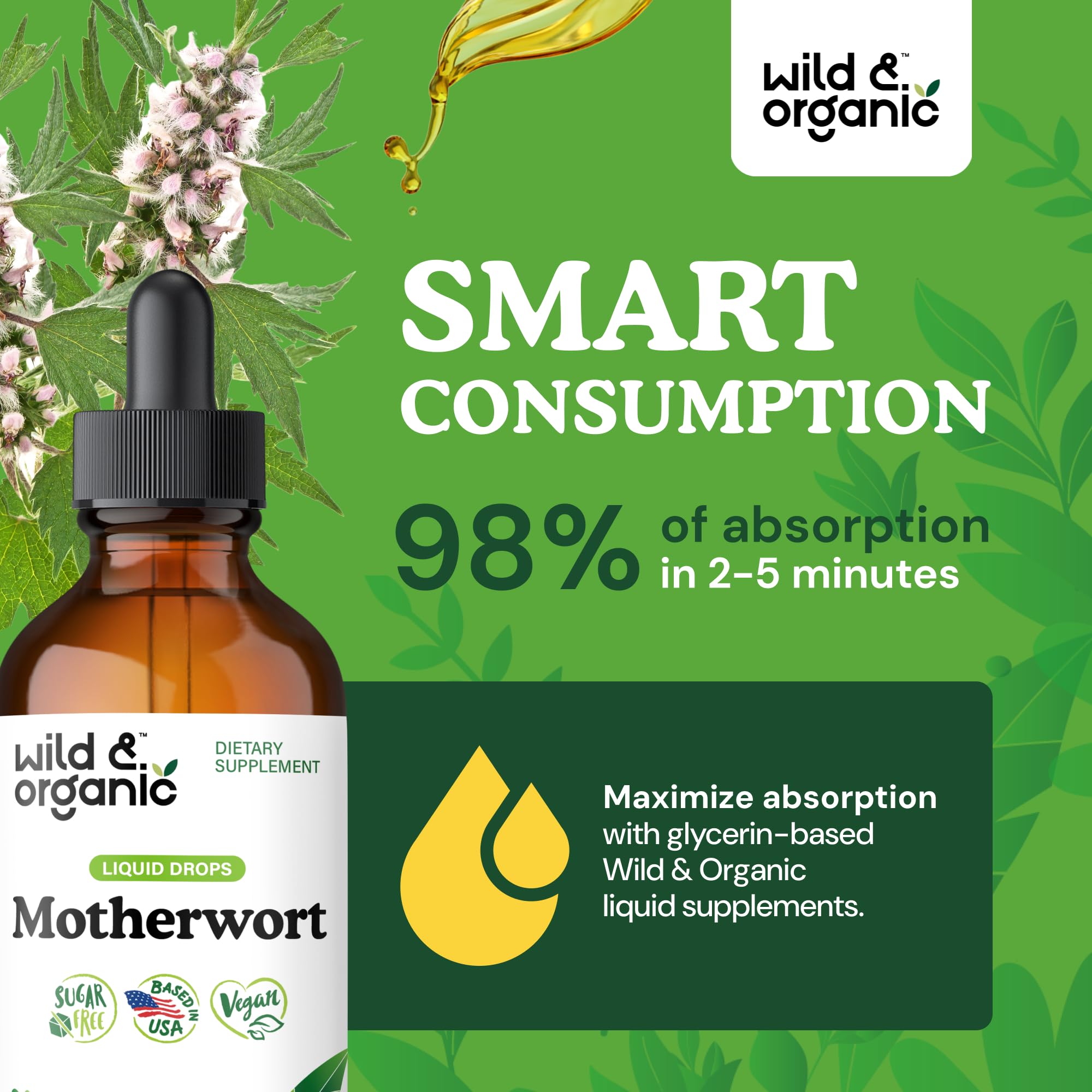 Wild & Organic Motherwort Tincture - Good Mood, Calmness, Overall Support - Supplements for Women with Motherwort Herb - Vegan, Sugar & Alcohol-Free Extract Drops - 4 fl oz Wild & Organic uk supplements