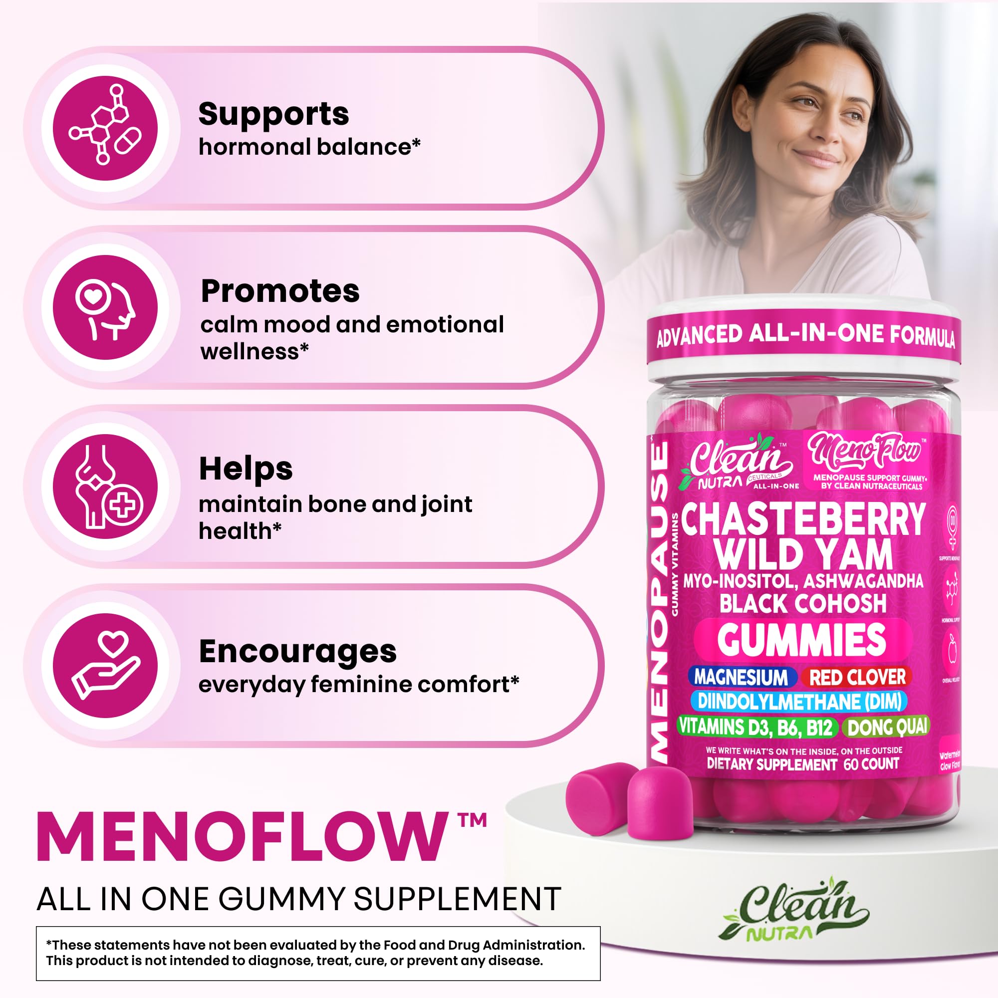 Clean Nutra Menopause Supplements for Women Chastberry Wild Yam Gummies Inositol Black Cohosh Magnesium Red Clover DIM Supplement B6 Magnesium Glycinate Glycine Vitex Hormone Balance Gummy Vitamins Clean Nutraceuticals uk supplements
