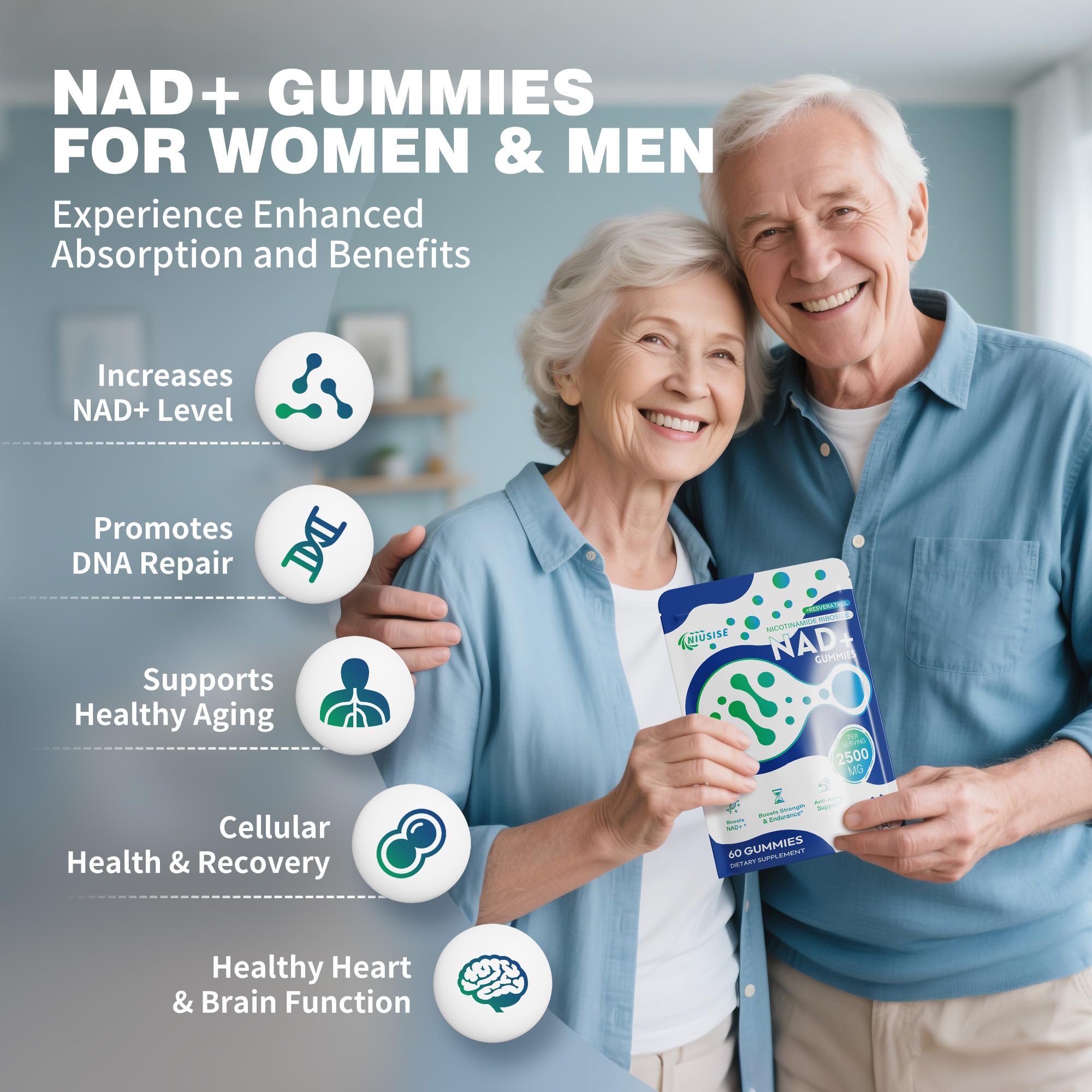 NIUSISE NAD Gummies Sugar Free, NAD+ Supplement with Liposomal Nicotinamide Riboside, Resveratrol, Quercetin, NAD Supplement for Anti-Aging, Energy, Cellular Health, Blueberry Flavor, 60 Gummies NIUSISE uk supplements