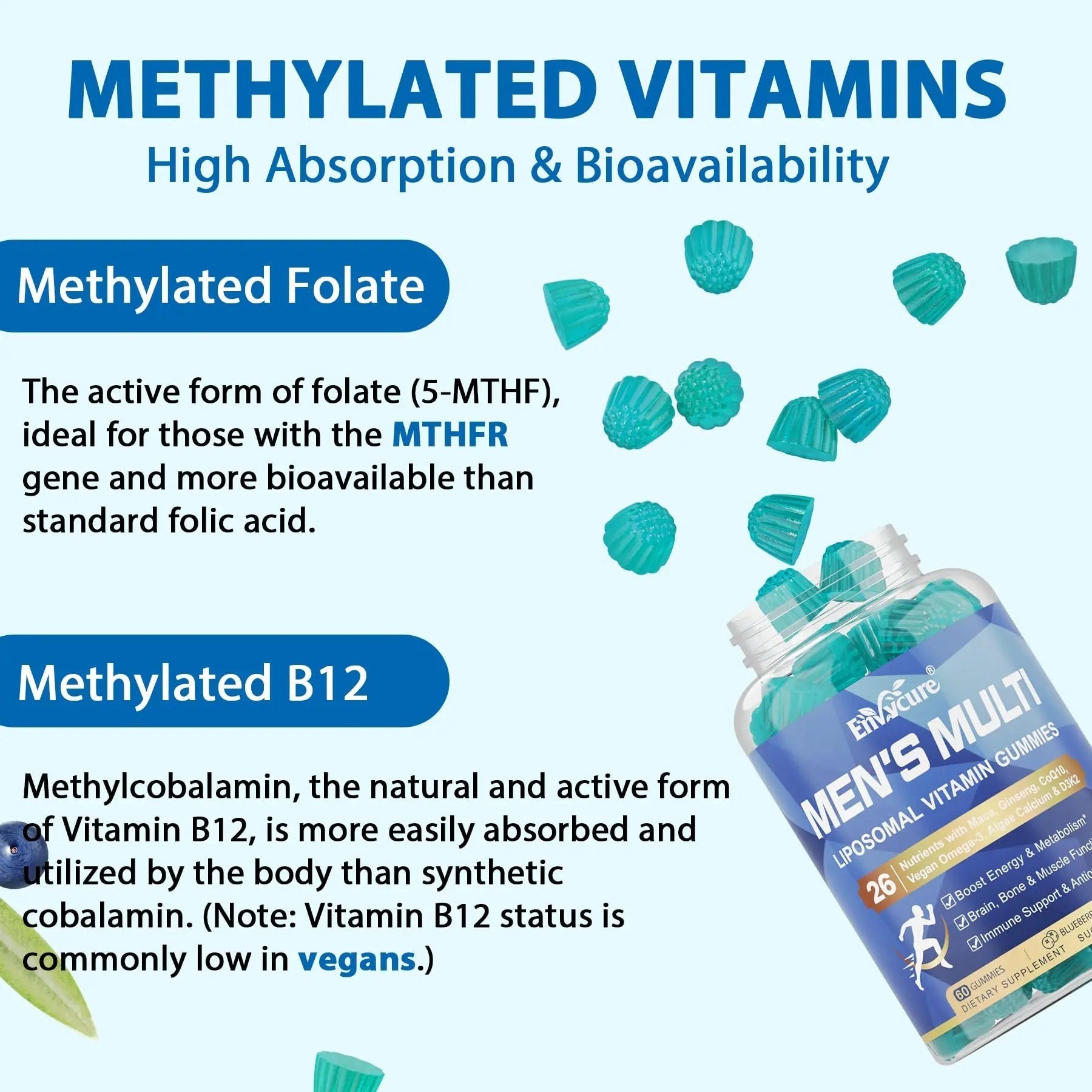Methylated Multivitamin for Men Gummies, Vegan Omega 3, CoQ10, Zinc, Vitamin A C D3 K2 E B Complex, Calcium, Magnesium, Lycopene EnvyCure uk supplements