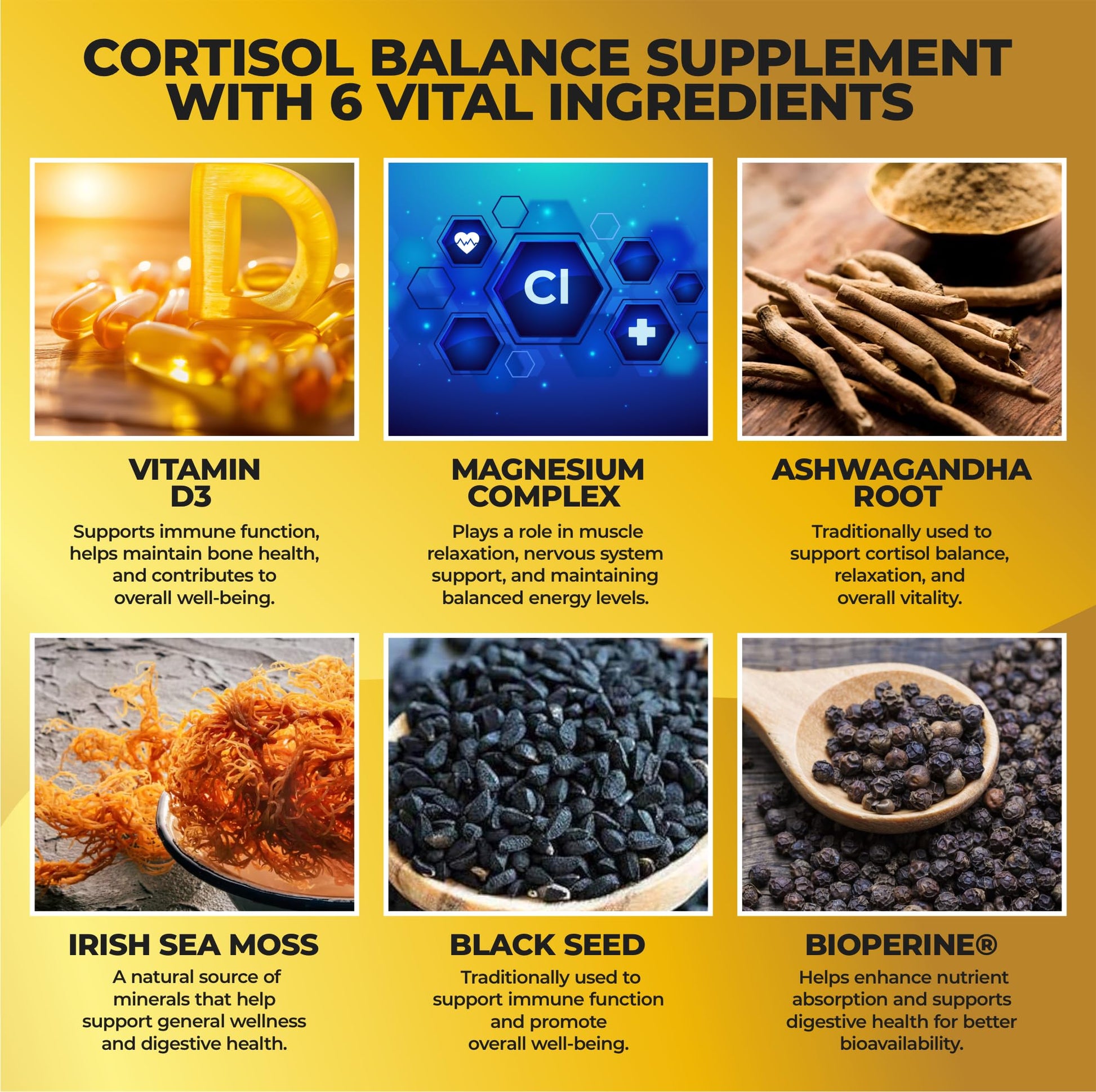 Cortisol Balance and Immune Support Supplement with Ashwagandha, Irish Sea Moss, Black Seed, Vitamin D and Magnesium Complex | Mood Enhancer | Immunity Booster | Stress Relief Pills | 90 Capsules HerbaMe uk supplements