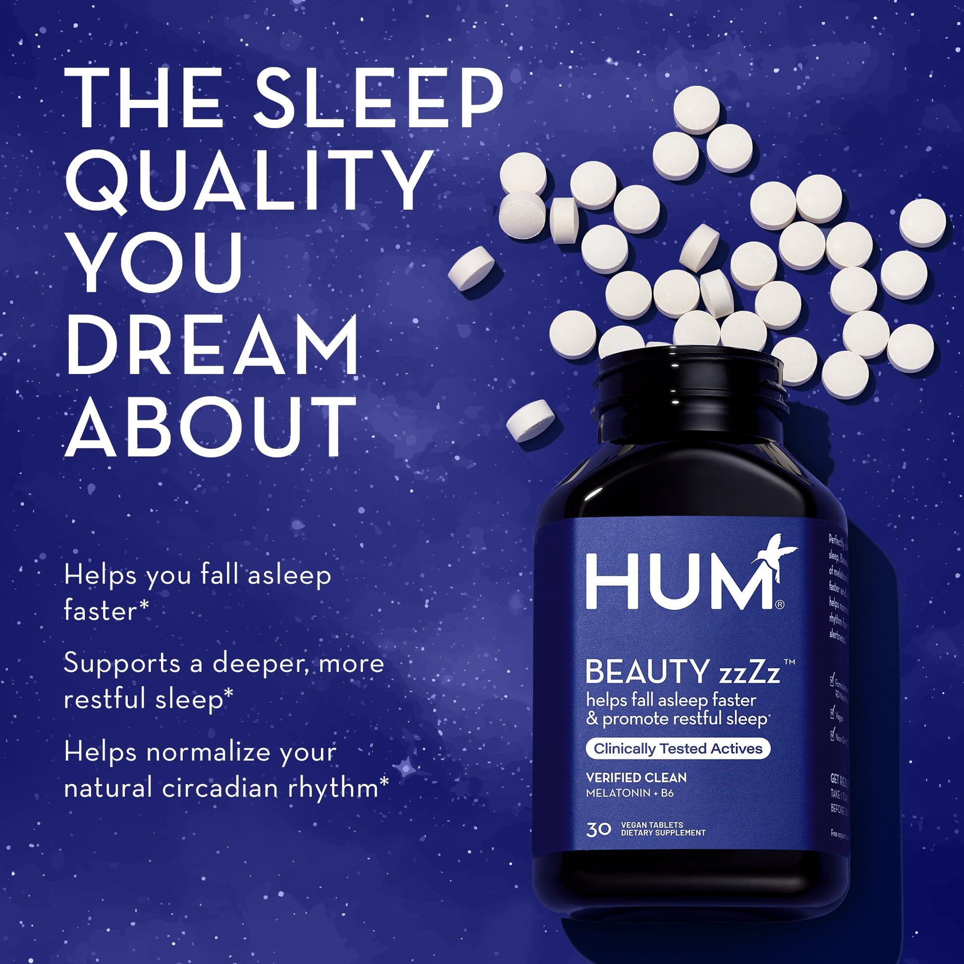 HUM Beauty zzZz Melatonin Sleep Supplement for Adults with Melatonin 3mg, Vitamin B6 and Calcium, Vegan, Gluten Free, Non GMO Sleep Support Tablets for Adults and Beauty Rest, 30 Vegan Tablets HUM uk supplements