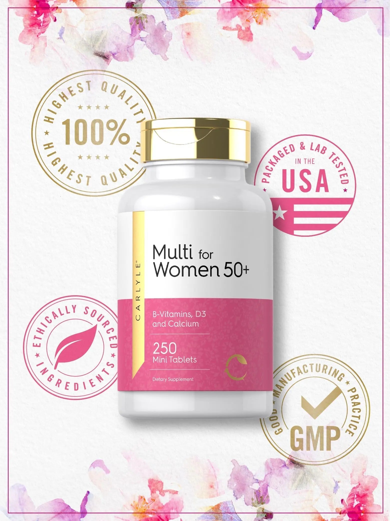 Carlyle Multivitamin for Women 50 Plus | 250 Mini Tablets | Iron Free Supplement | Vitamins A, B12, C, D3, Folate (as Folic Acid) and Calcium | Carlyle uk supplements