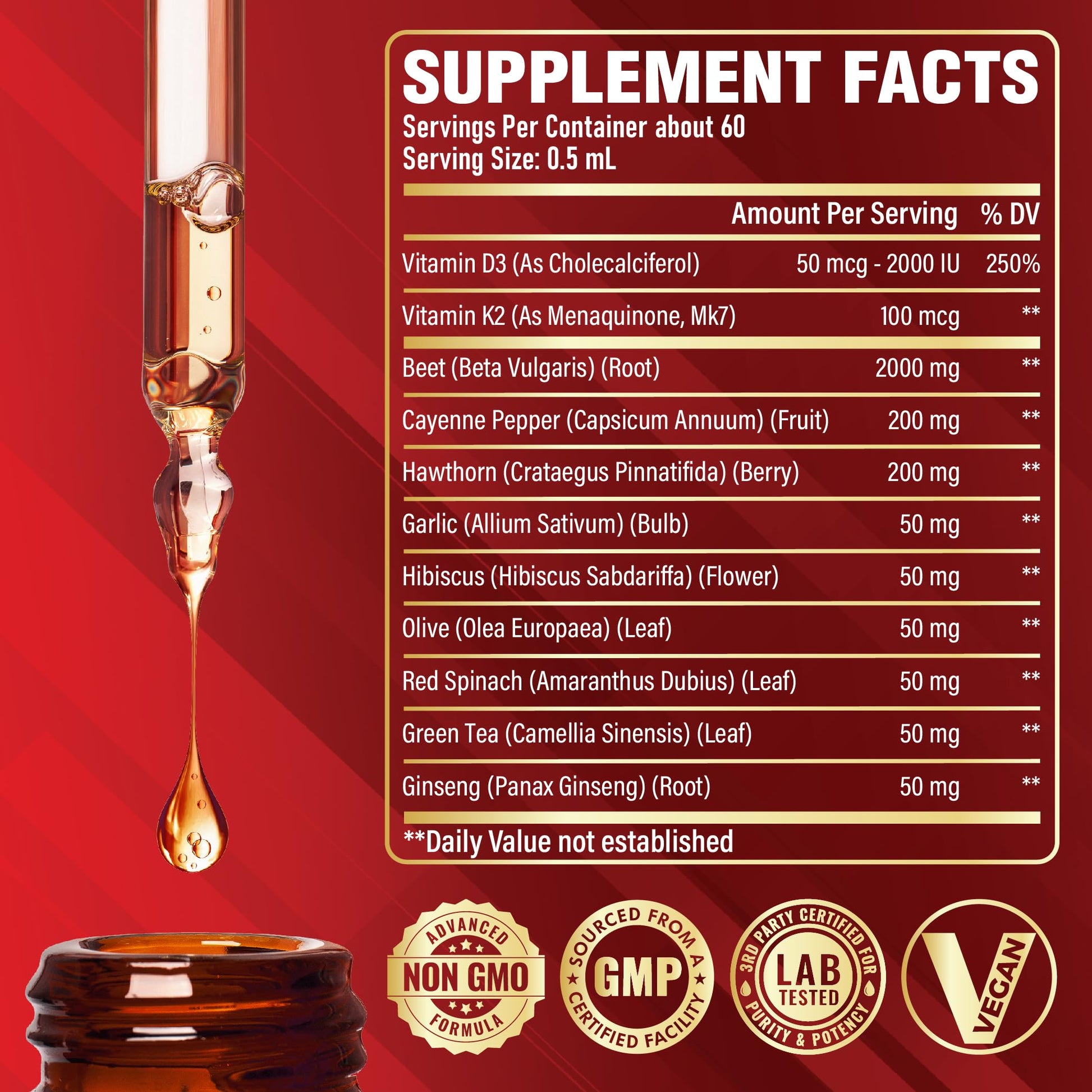11in1 Beet Root Liquid Drops Supplement with Formula with D3, K2, Hawthorn, Red Spinach, Garlic & Green Tea and More - Supports Immune & Vitality - 1 FL Oz - for 60 Days Satoomi uk supplements