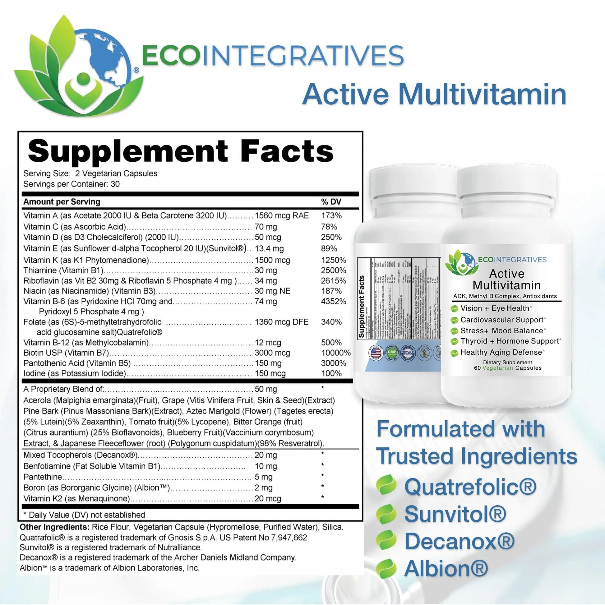 EcoIntegratives Active Multivitamin | ADK, Methyl B Complex, Antioxidants | Quatrefolic Folate, Methyl B12, P5P, Vitamin D3, K1/K2 | EcoIntegratives uk supplements