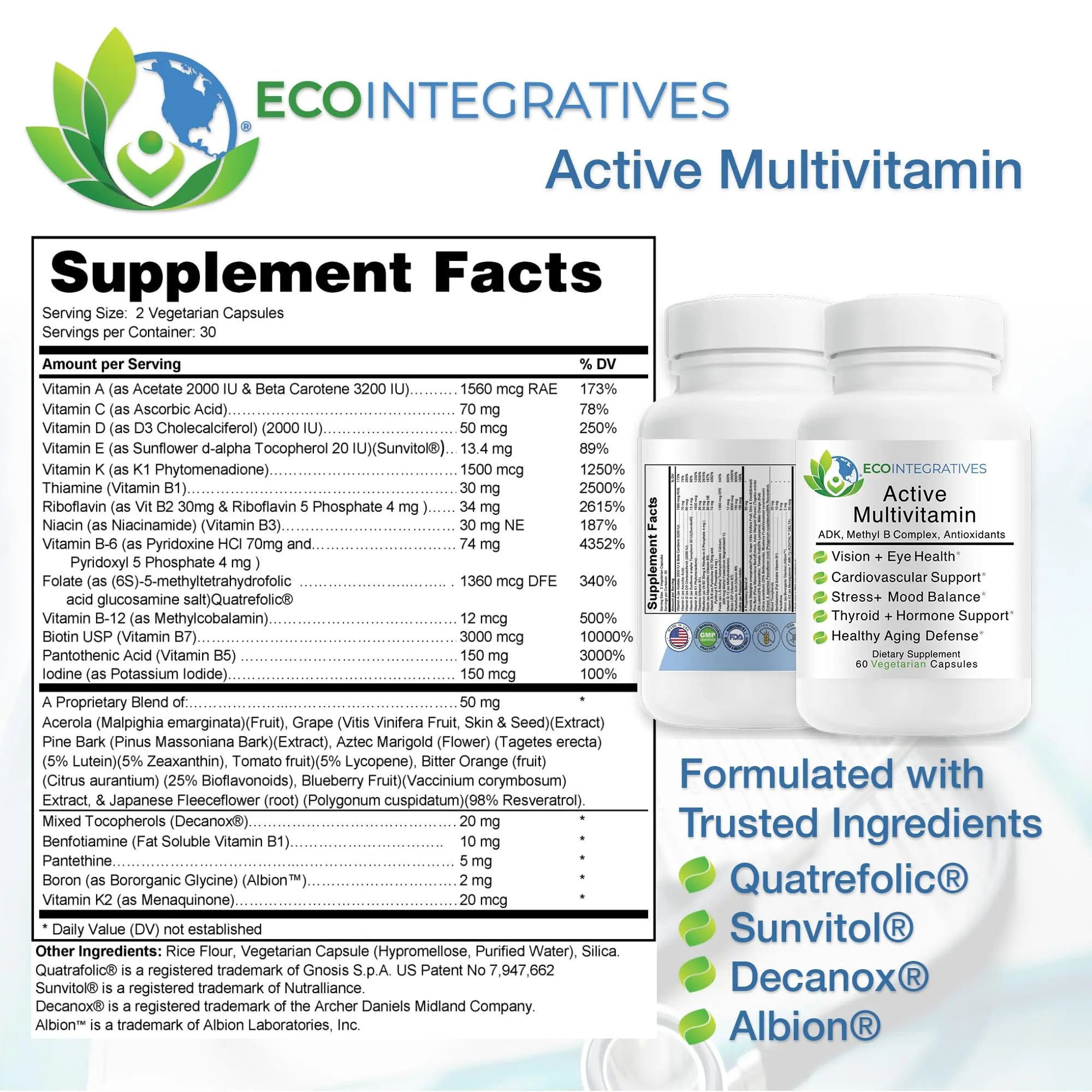 EcoIntegratives Active Multivitamin | ADK, Methyl B Complex, Antioxidants | Quatrefolic Folate, Methyl B12, P5P, Vitamin D3, K1/K2 | EcoIntegratives uk supplements