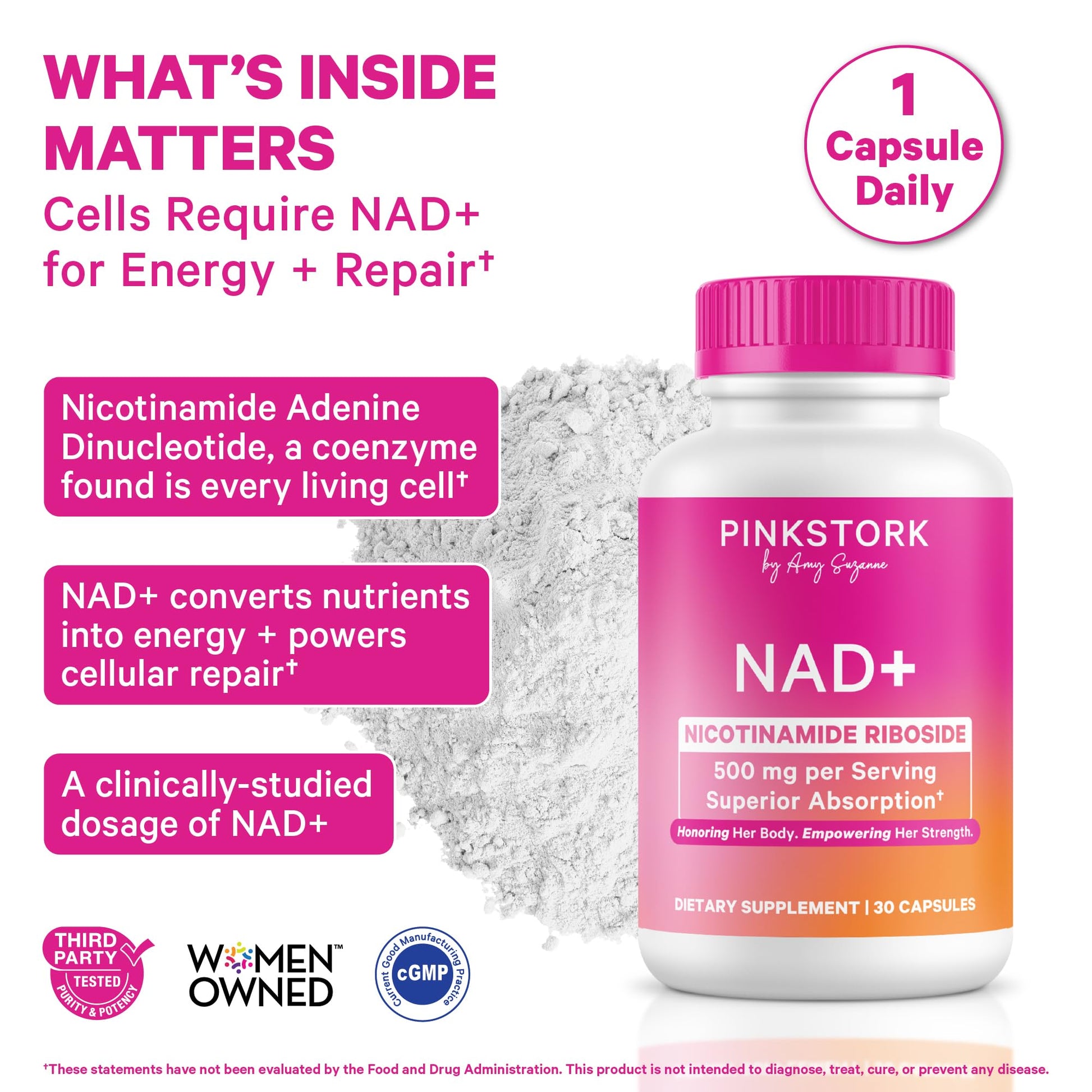 Pink Stork NAD+ Supplement for Women | 500mg Nicotinamide Riboside NR | Clinically-Studied Pure NMN Powder | Brain + Cognitive Support |Energy, Skin Essentials Over 30 | 1 Month Supply Pink Stork uk supplements