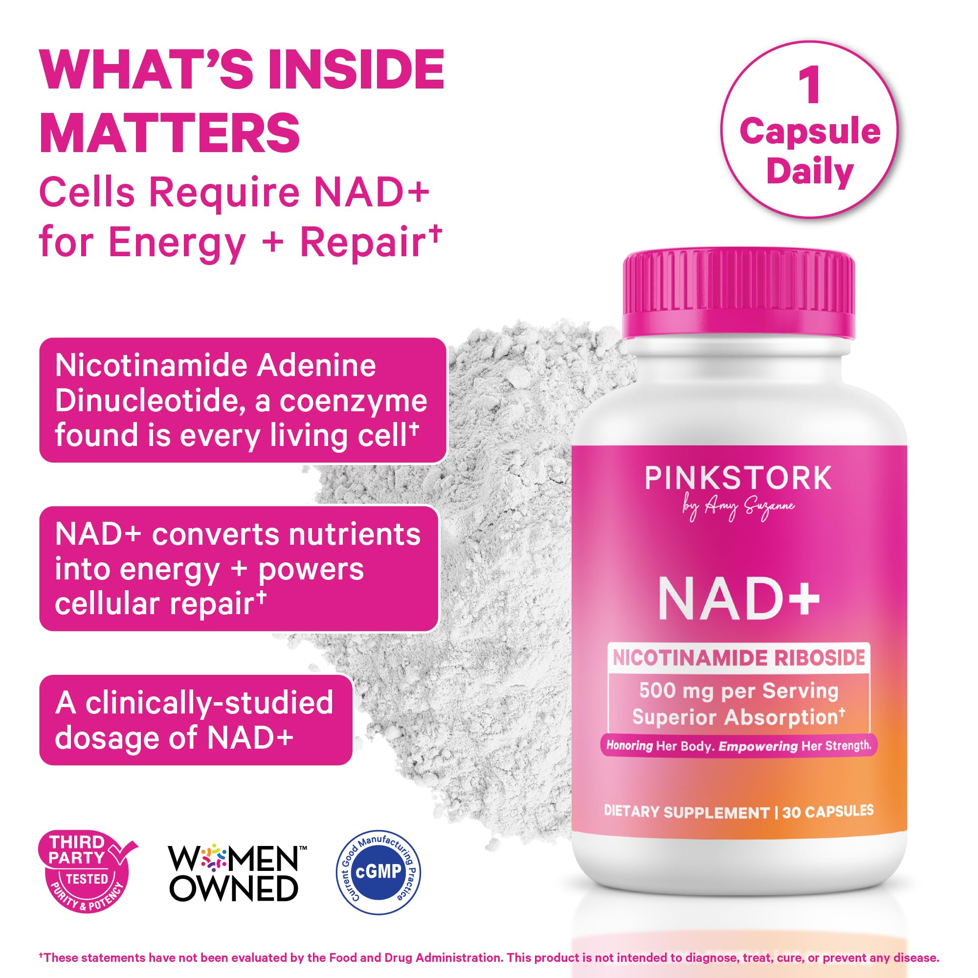 Pink Stork NAD+ Supplement for Women | 500mg Nicotinamide Riboside NR | Clinically-Studied Pure NMN Powder | Brain + Cognitive Support |Energy, Skin Essentials Over 30 | 1 Month Supply Pink Stork uk supplements