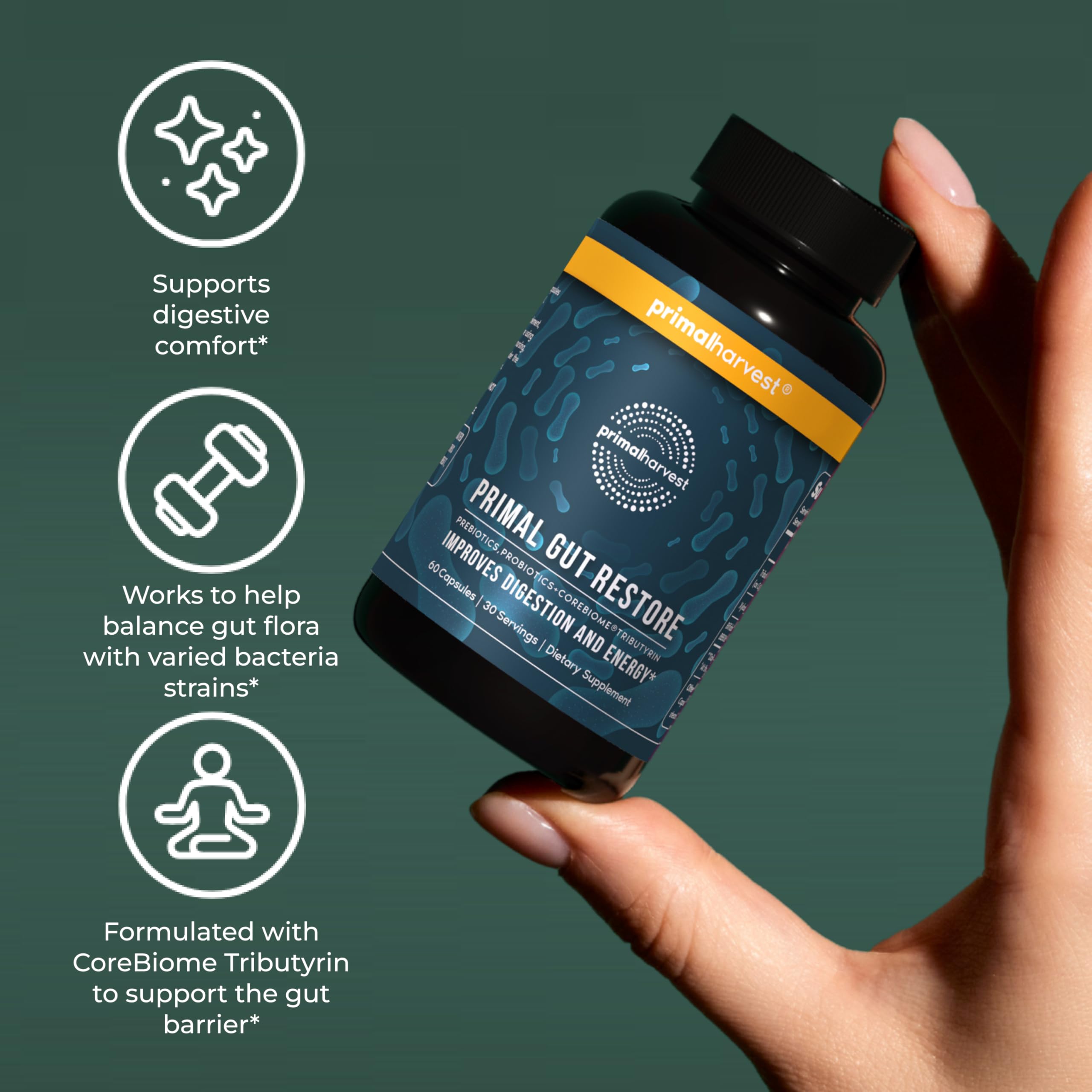Primal Harvest 2 Pack, Restore for Gut Health, Primal Gut Restore w/POSTbiotics, PREbiotics and PRObiotics for Women and Men, 60 CT - Digestion,