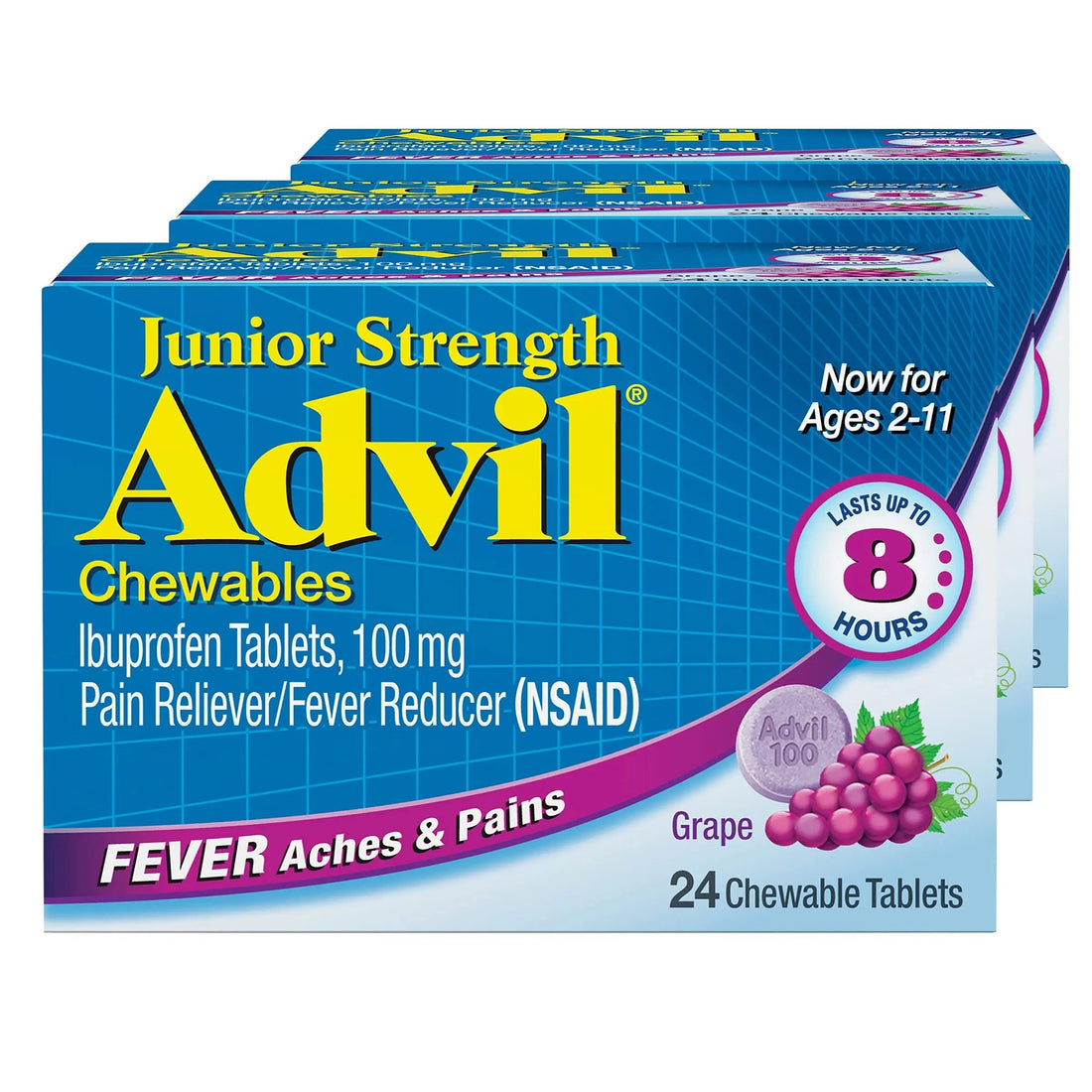 Advil Junior Strength Chewable Ibuprofen Pain Reliever and Fever Reducer, Children's Ibuprofen for Pain Relief, Grape - 24 Tablets (Pack of 3) Advil uk supplements