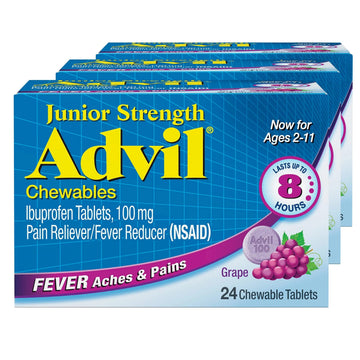 Advil Junior Strength Chewable Ibuprofen Pain Reliever and Fever Reducer, Children's Ibuprofen for Pain Relief, Grape - 24 Tablets (Pack of 3) Advil uk supplements