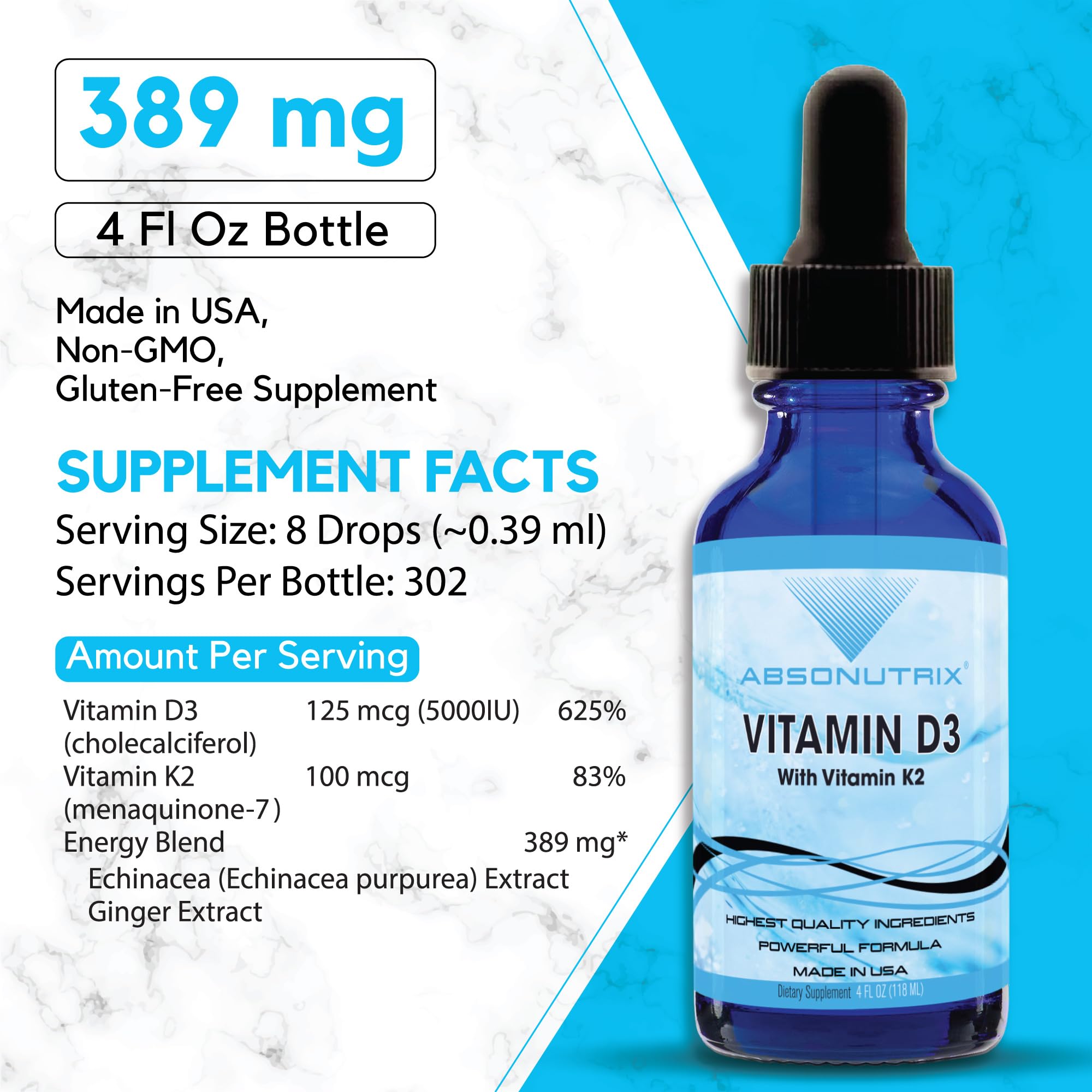 Absonutrix Vitamin D3 K2 Drops, 390mg, 4 Oz Liquid, 302 Servings, Made in USA, Quick Absorption, Quality Potent Ingredients, Non-GMO, GMP Certified, Cruelty-Free Products, Bone Strength Supplements Absonutrix uk supplements