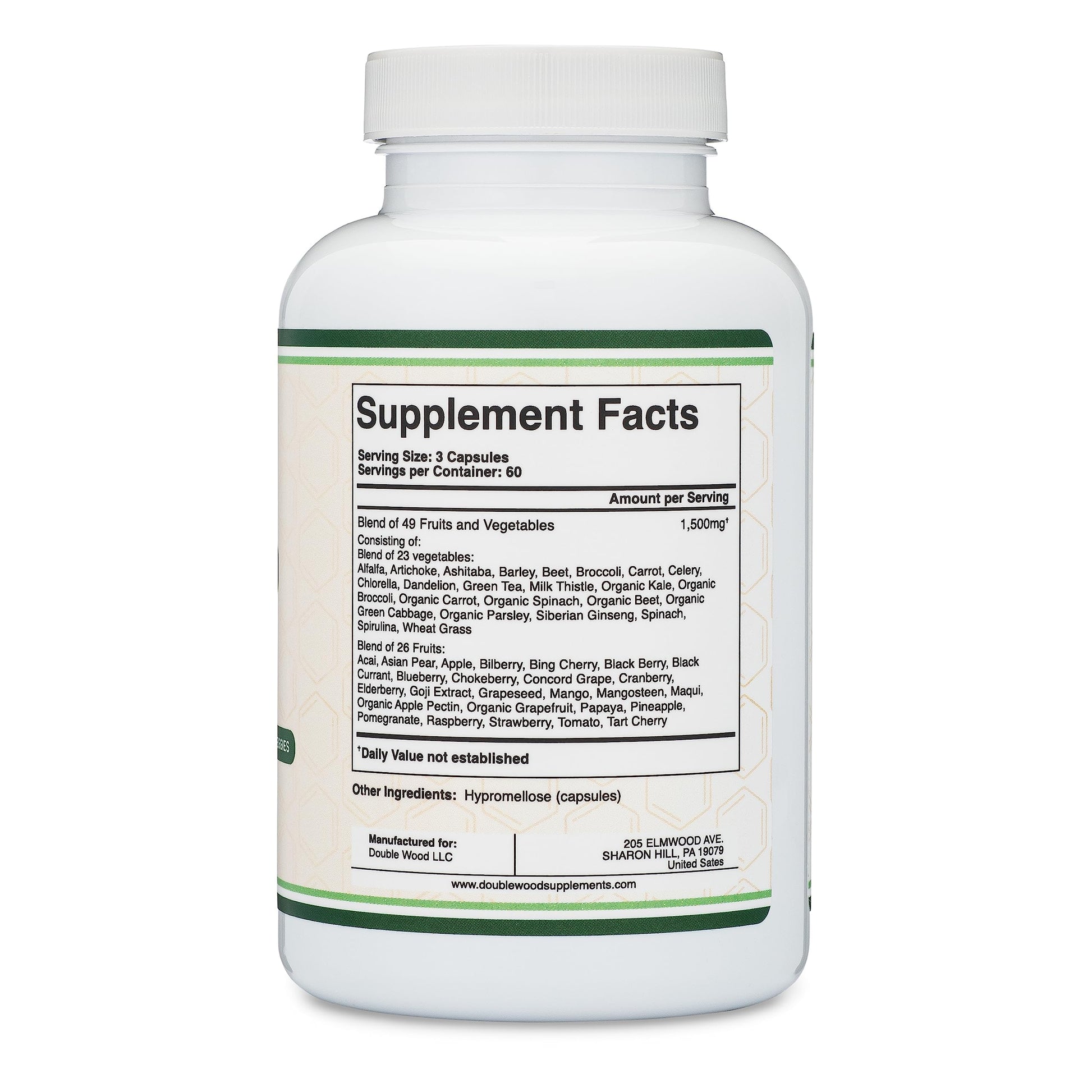 Fruits and Veggies Supplement (Daily Blend of 49 Different Fruits and Vegetables, 23 Veggies and 29 Fruits) 1,500mg Servings, 180 Capsules (No Fillers, Vegan Safe, Non-GMO) by Double Wood Double Wood Supplements uk supplements