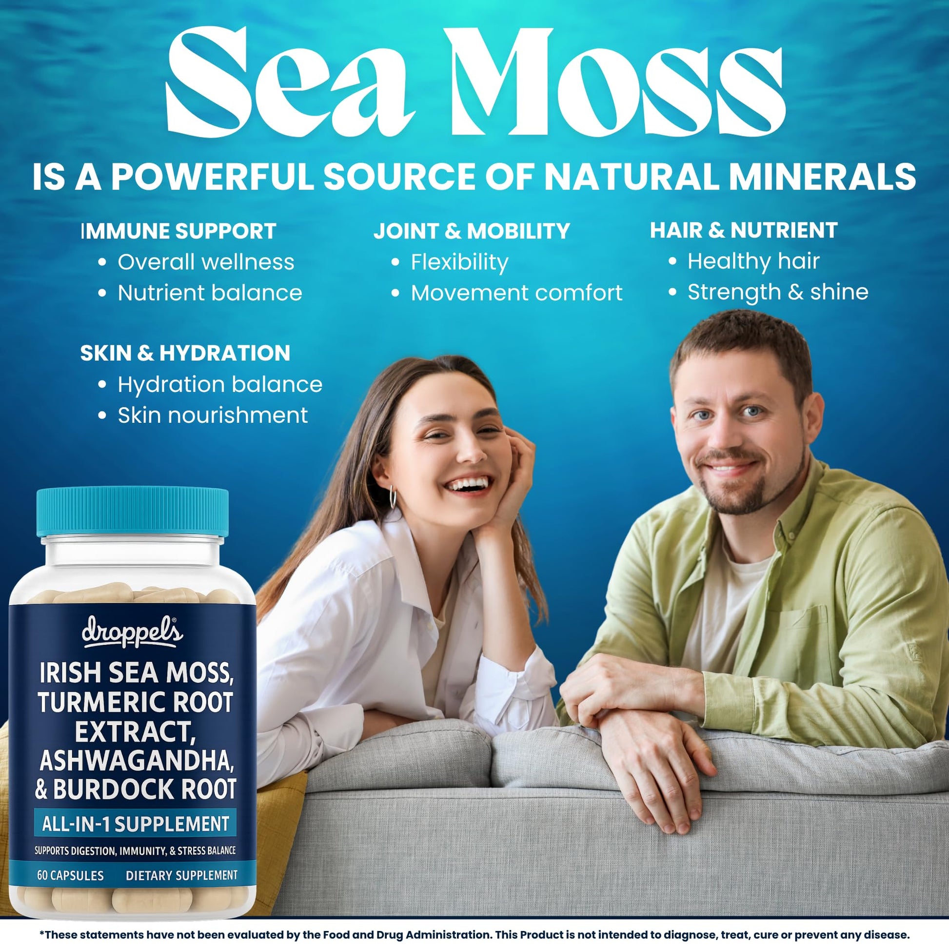 Droppels Irish Sea Moss Capsules with Turmeric Root, Ashwagandha, Black Pepper & Burdock Root – Natural Mineral Blend for Immune, Digestion, Joint & Energy Support – Vegan, Non-GMO – 60 Capsules Droppels uk supplements