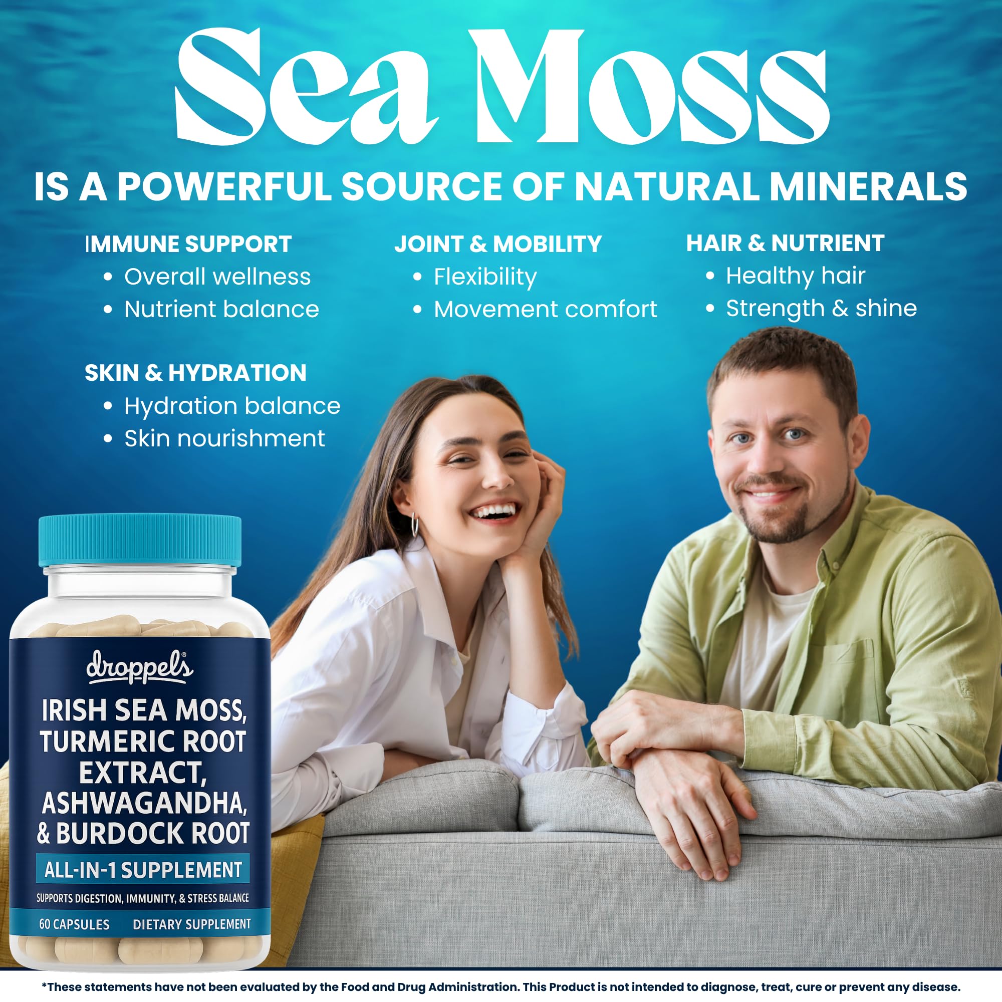 Droppels Irish Sea Moss Capsules with Turmeric Root, Ashwagandha, Black Pepper & Burdock Root – Natural Mineral Blend for Immune, Digestion, Joint & Energy Support – Vegan, Non-GMO – 60 Capsules Droppels uk supplements