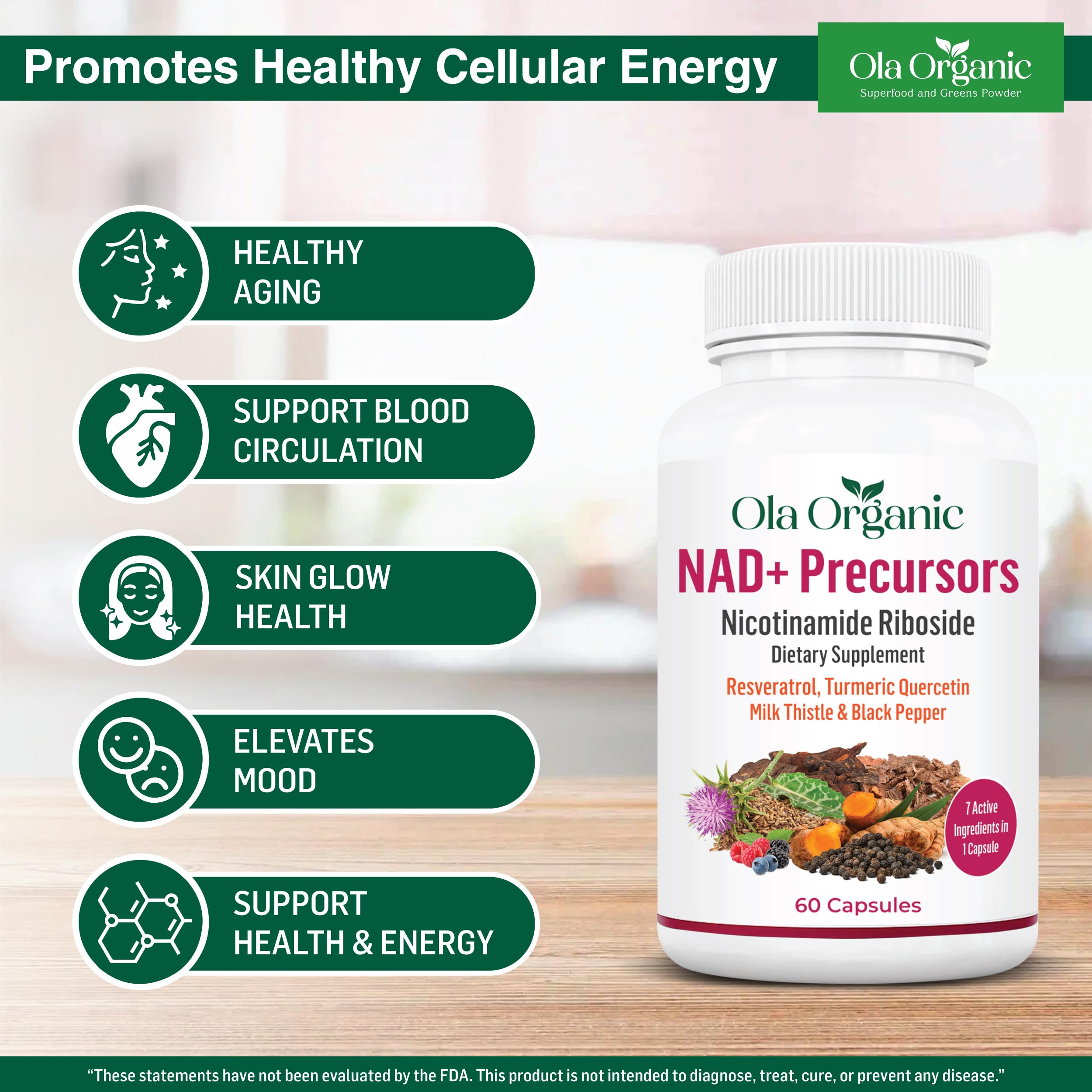 NAD+ Supplement & NAD Booster for Cellular Energy and Healthy Aging – Plant-Based Nicotinamide Riboside (NR) NAD Precursor with Resveratrol, Turmeric, Quercetin, Rhodiola & Milk Thistle – 60 Capsules Ola Organic uk supplements