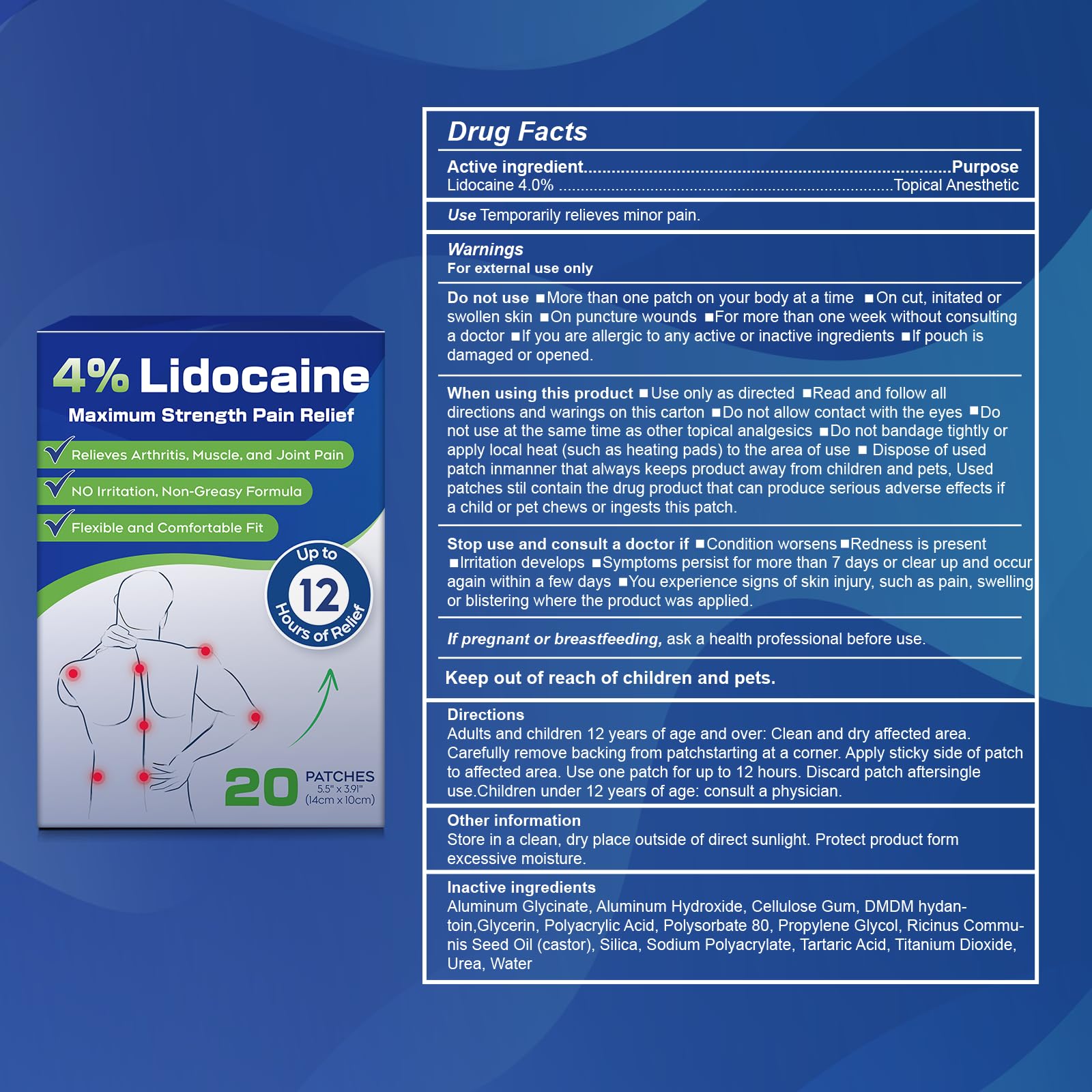 Uposiut 4% Lidocaine Patches - 20 Count Maximum Strength Lidocaine Patches, 10 Packs of 2 Patches for Muscle Pain Relief in The Neck, Shoulders, Back, Knees, and Anks, 12 Hour Pain Relief-012345 Uposiut uk supplements